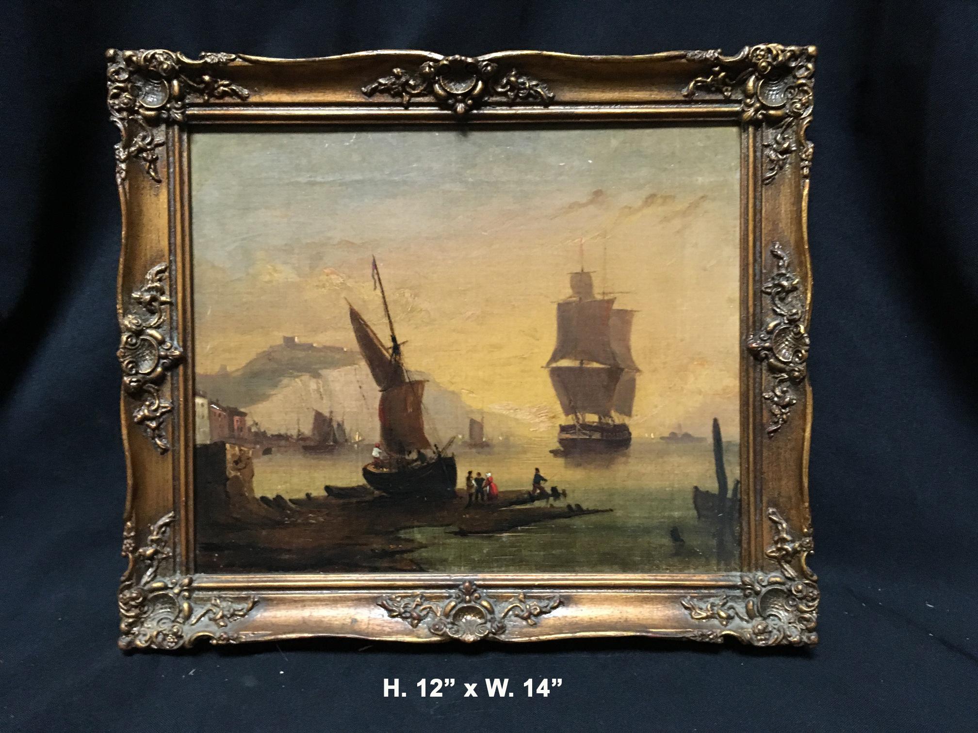 Maritime oil on canvas depicting a port scene. 
Within a later wooden frame. 
Late 19th-early 20th century
Back of the canvas reads: 