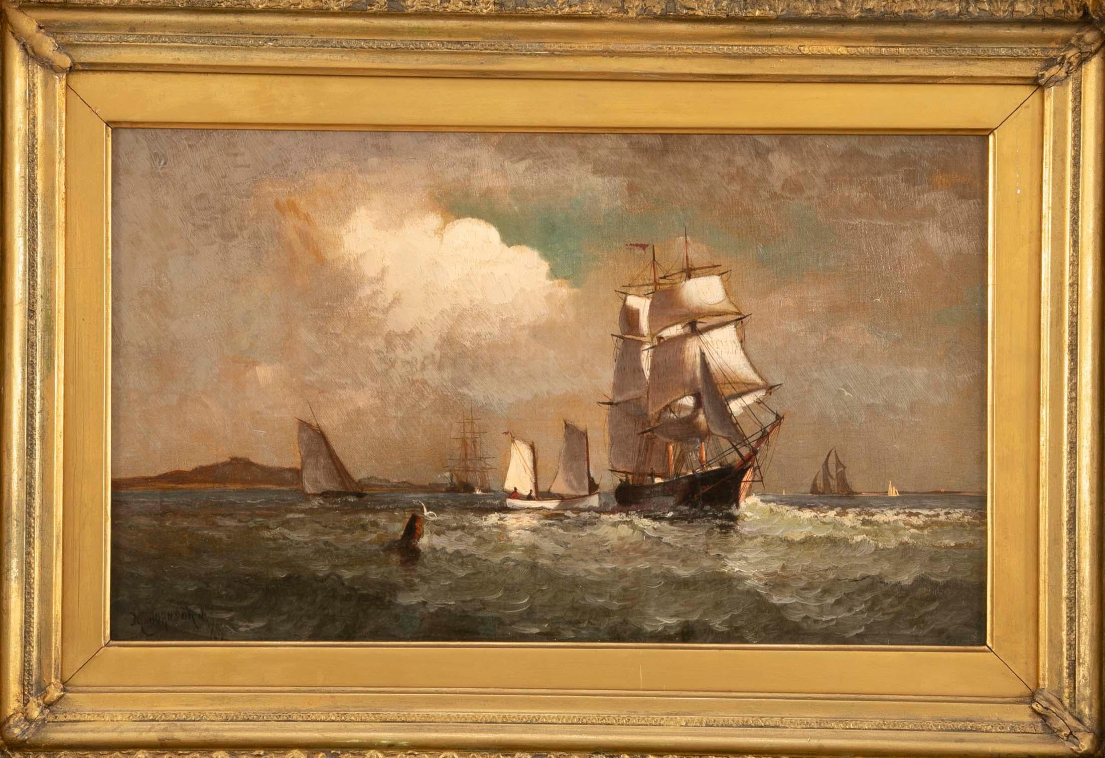 Signed oil on canvas by award winning American marine artist Marshall Johnson
(1850 - 1921) of various sailing vessels off the coast in morning light.