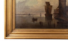 Maritime Oil Painting Harbor Scene Sailing Ship, Sfumato, 19th Century