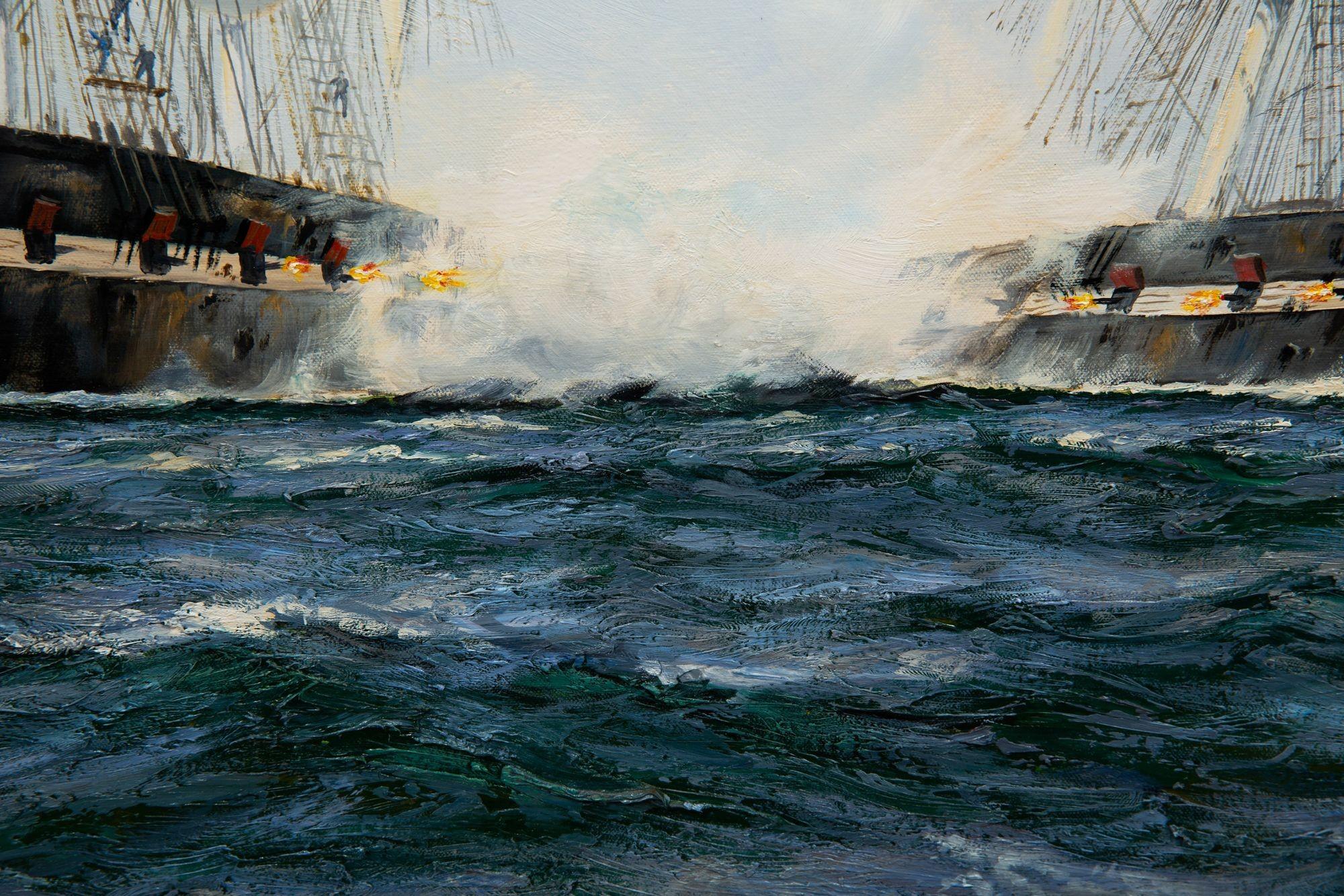 Maritime Oil Painting of Shannon Battling Chesapeake by Henry Scott R.S.A. For Sale 4