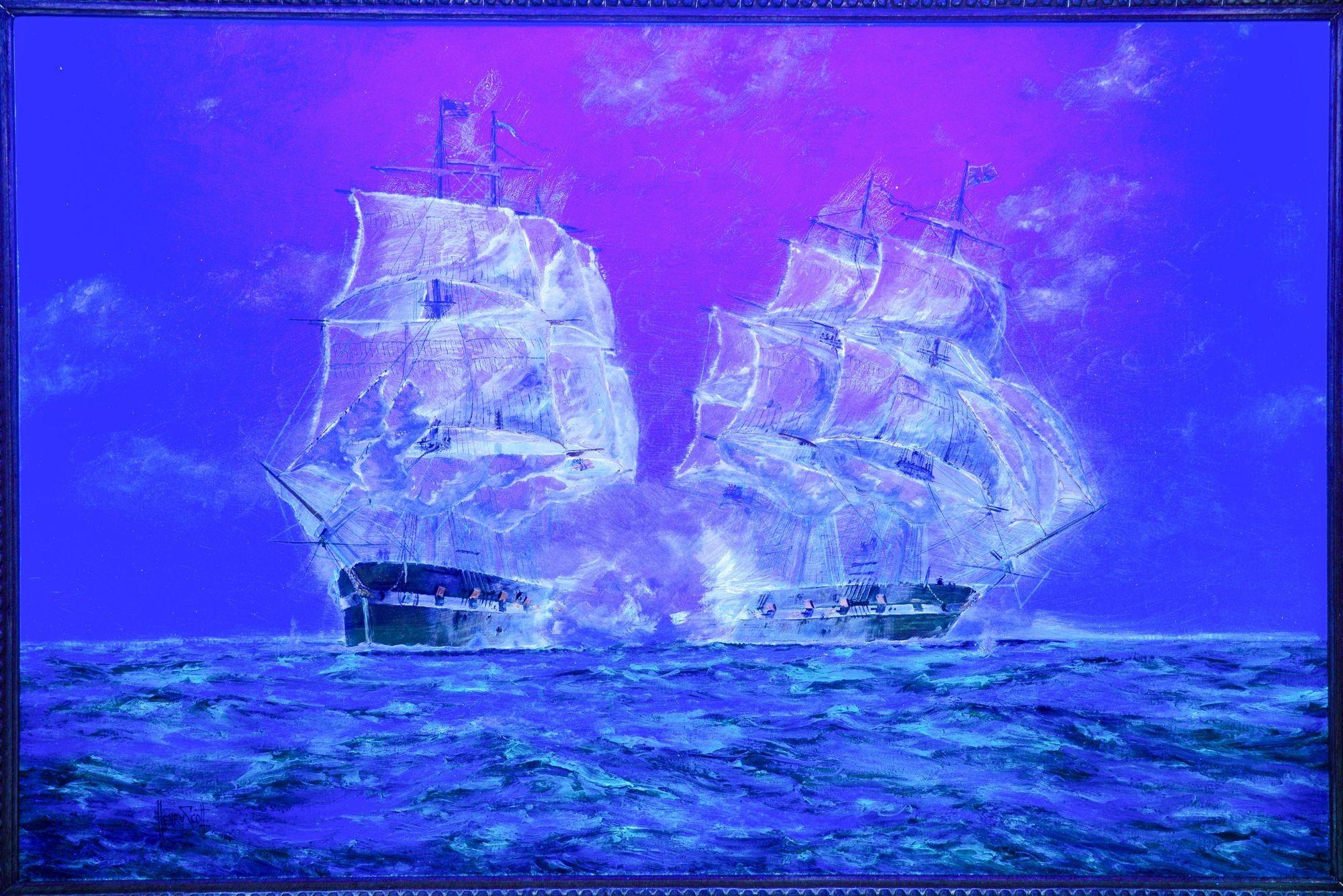 Maritime Oil Painting of Shannon Battling Chesapeake by Henry Scott R.S.A. For Sale 8