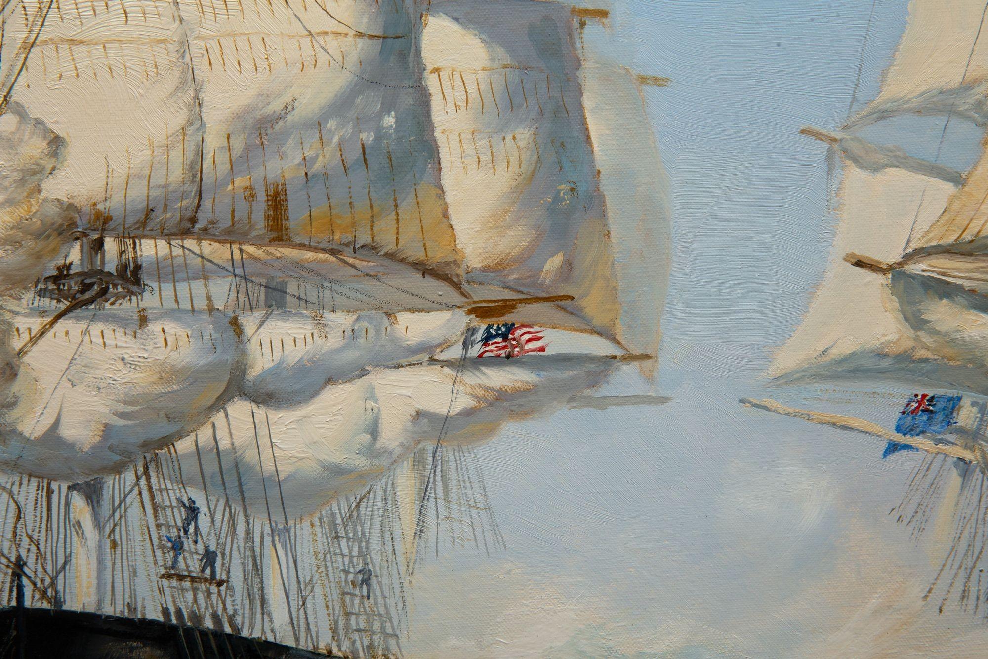 Maritime Oil Painting of Shannon Battling Chesapeake by Henry Scott R.S.A. For Sale 9