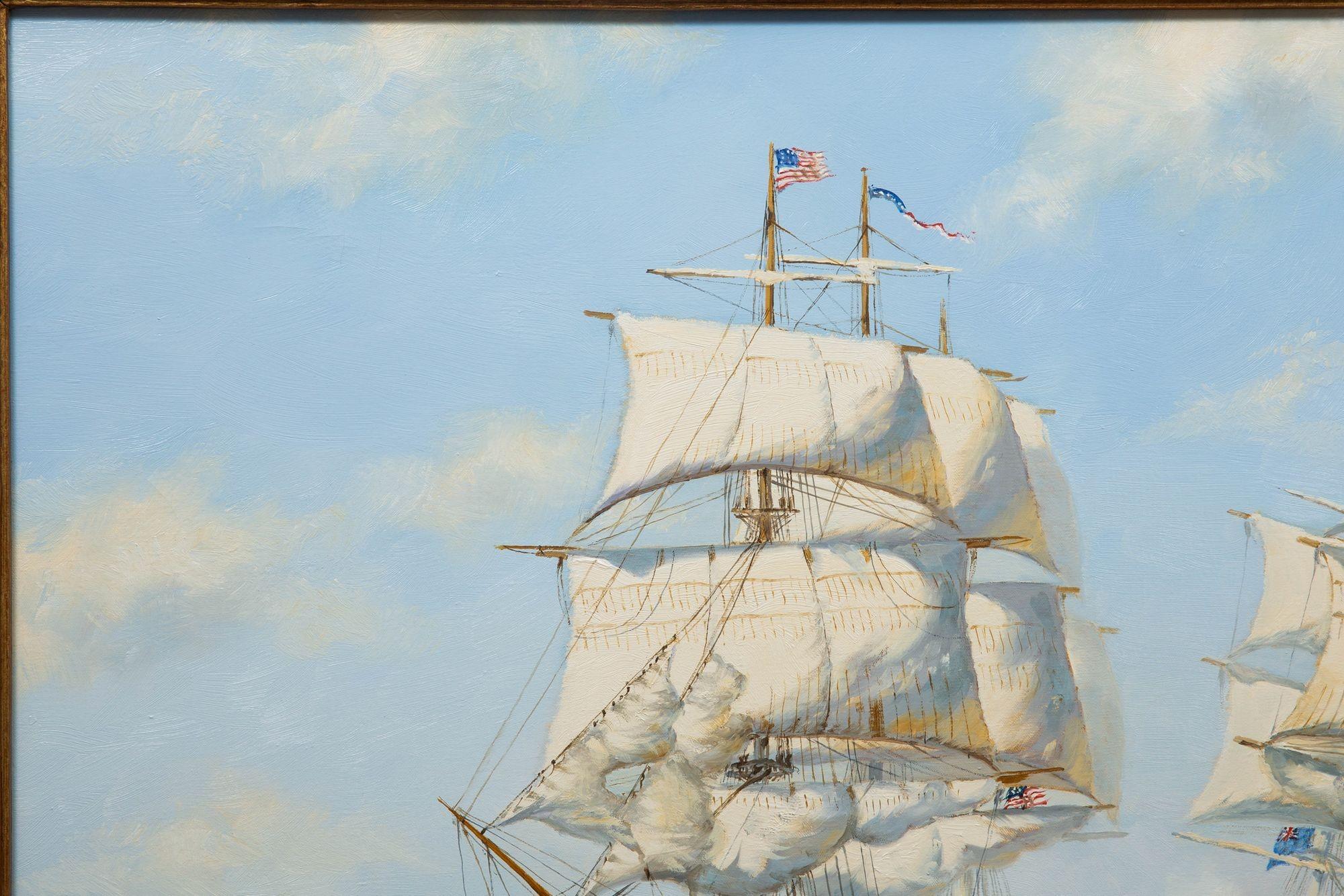 English Maritime Oil Painting of Shannon Battling Chesapeake by Henry Scott R.S.A. For Sale