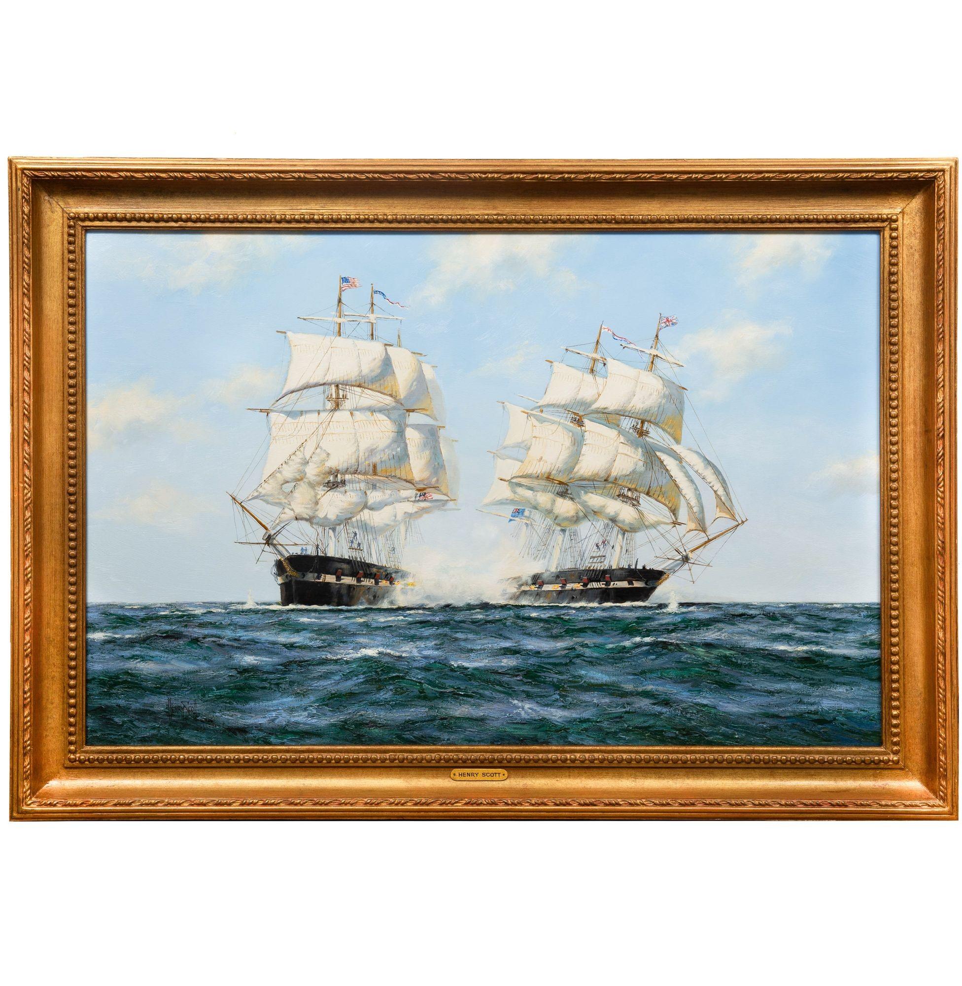 Anglais Peinture à l'huile maritime de Shannon battant Chesapeake par Henry Scott R.S.A. en vente