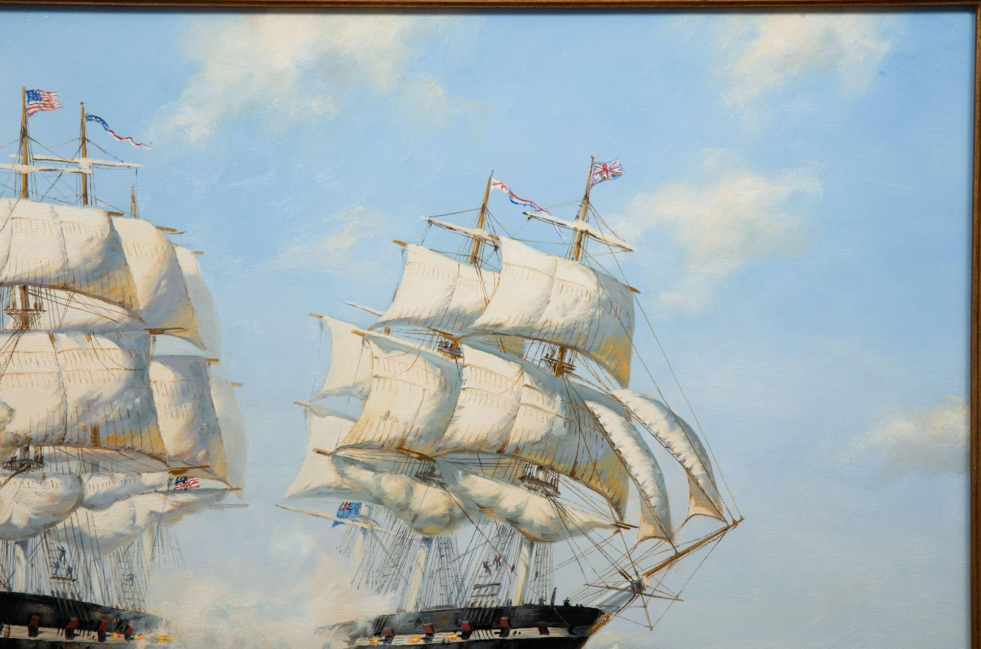 Maritime Oil Painting of Shannon Battling Chesapeake by Henry Scott R.S.A. In Good Condition For Sale In Shippensburg, PA