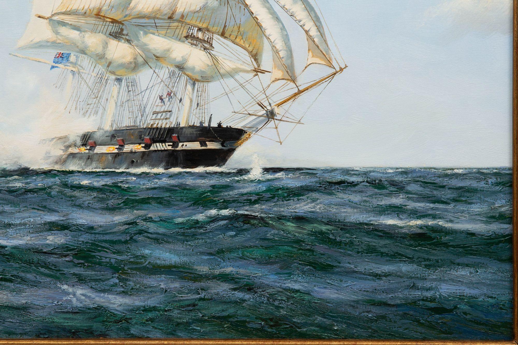 Canvas Maritime Oil Painting of Shannon Battling Chesapeake by Henry Scott R.S.A. For Sale