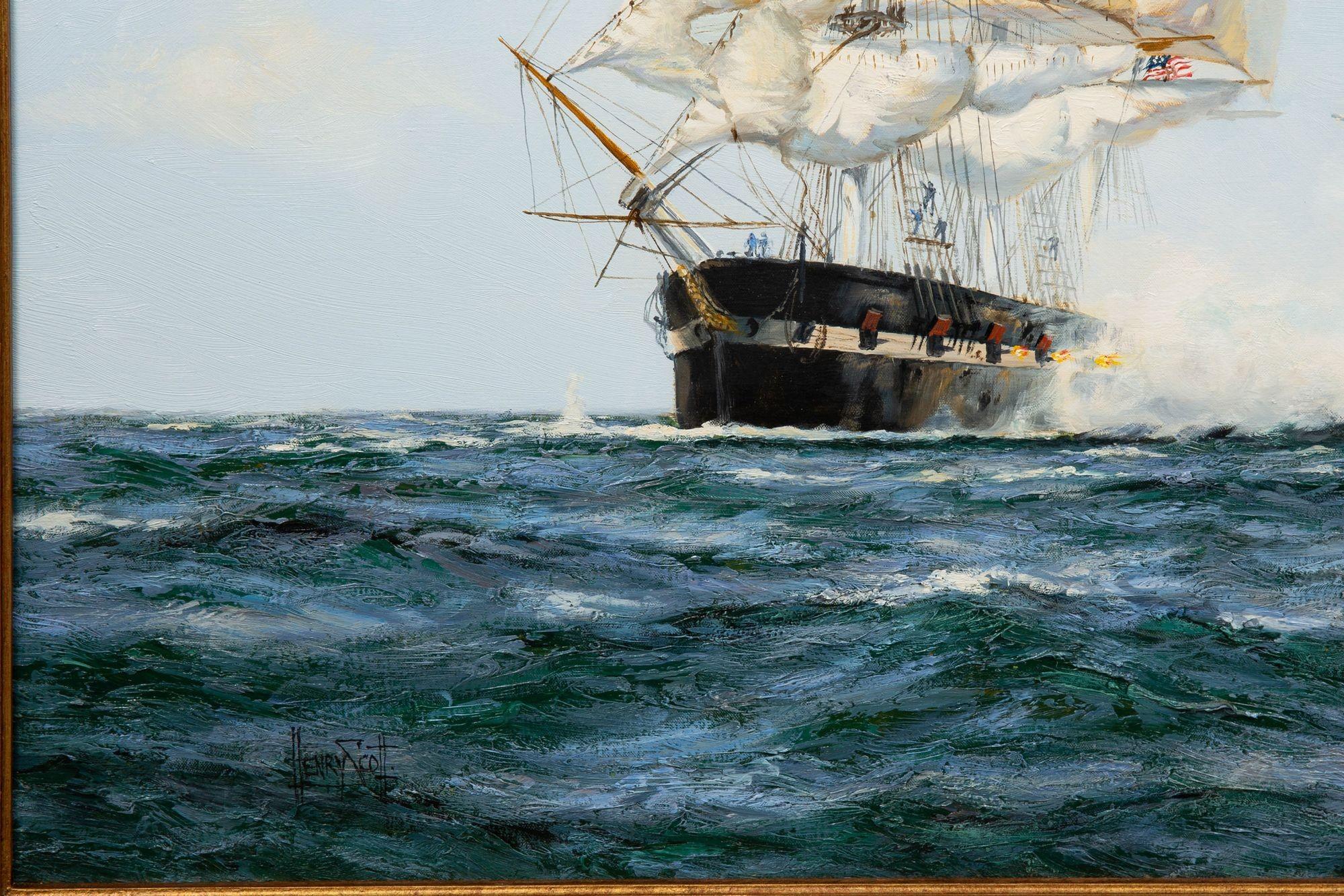 Toile Peinture à l'huile maritime de Shannon battant Chesapeake par Henry Scott R.S.A. en vente