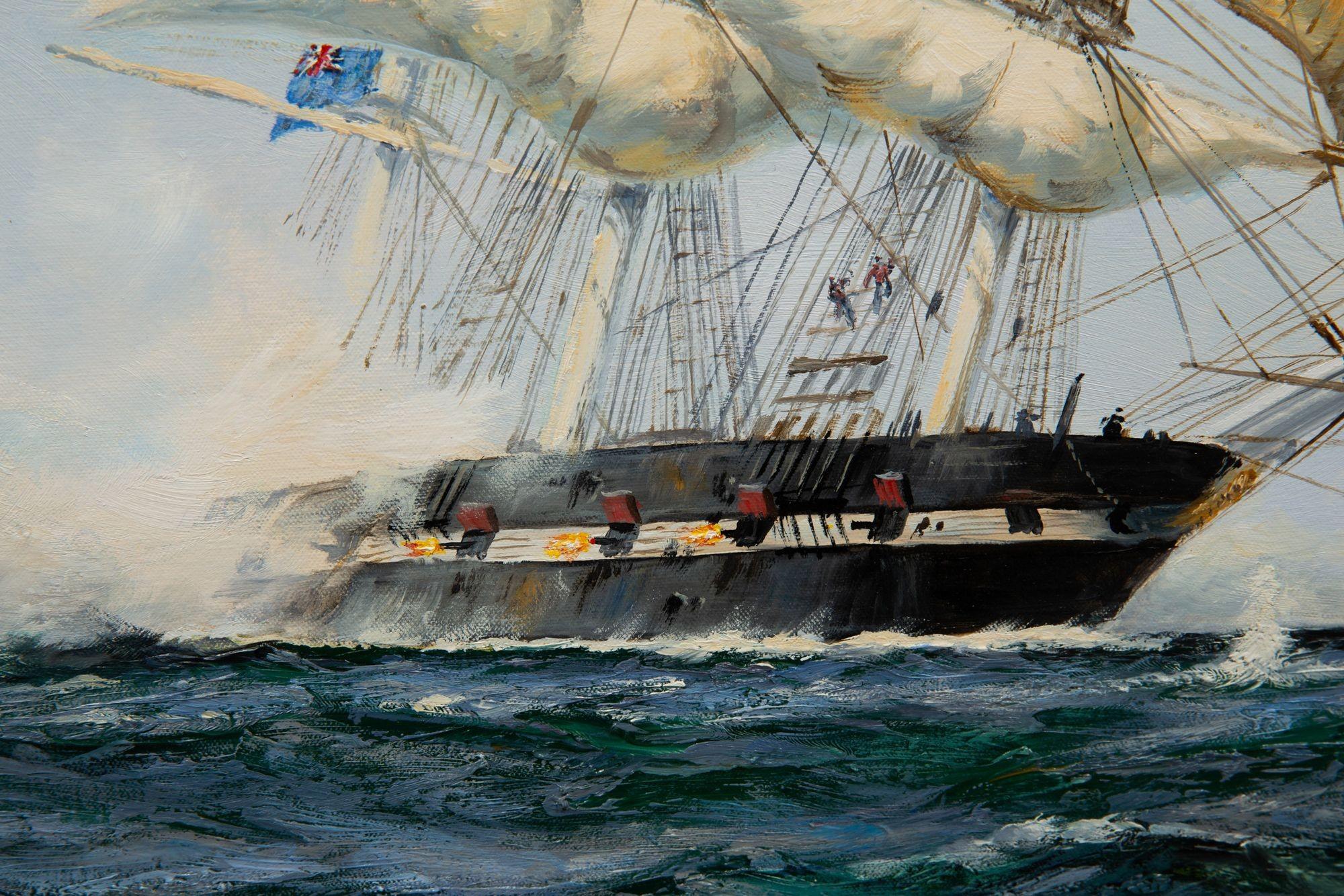Maritime Oil Painting of Shannon Battling Chesapeake by Henry Scott R.S.A. For Sale 2