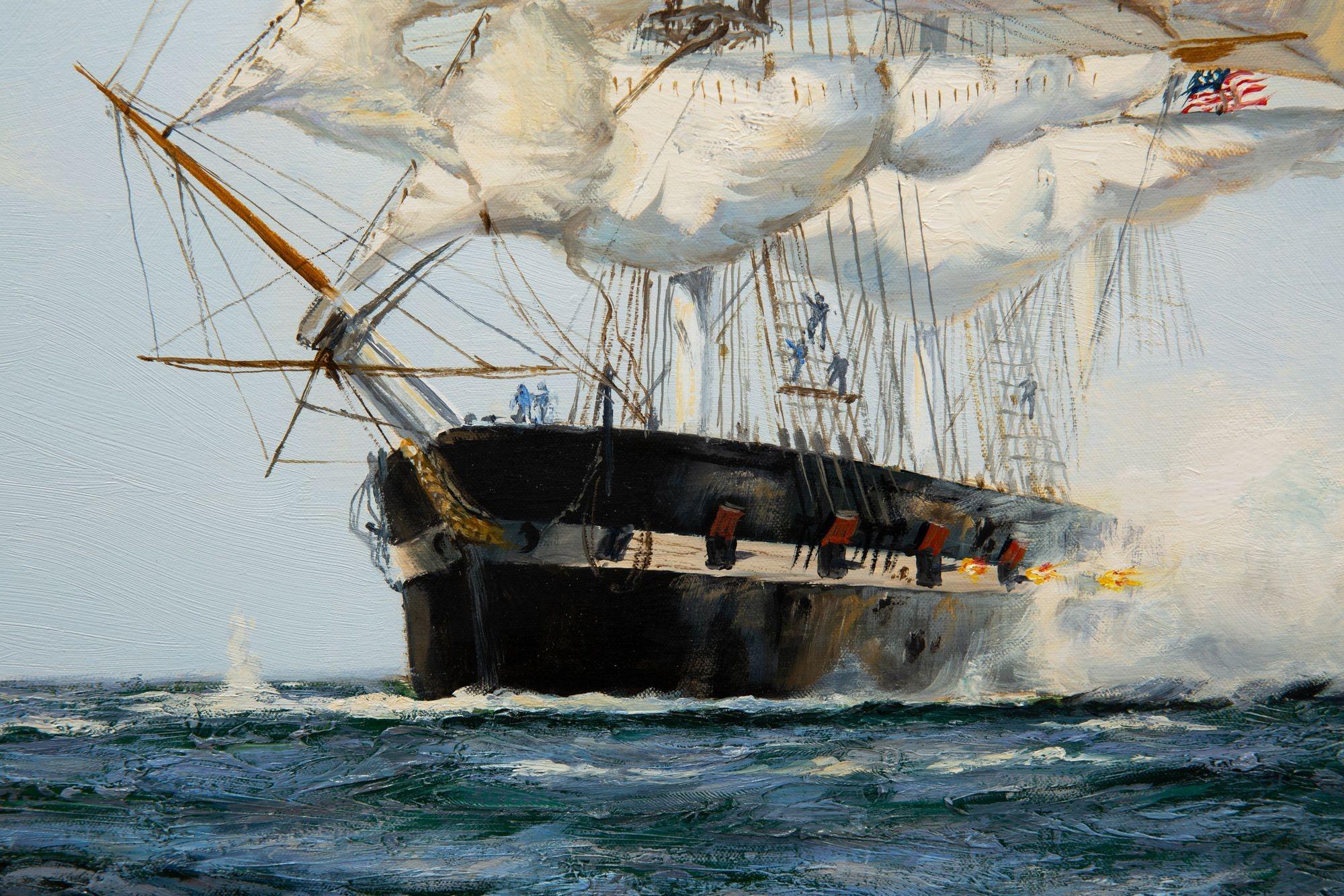 Maritime Oil Painting of Shannon Battling Chesapeake by Henry Scott R.S.A. For Sale 3