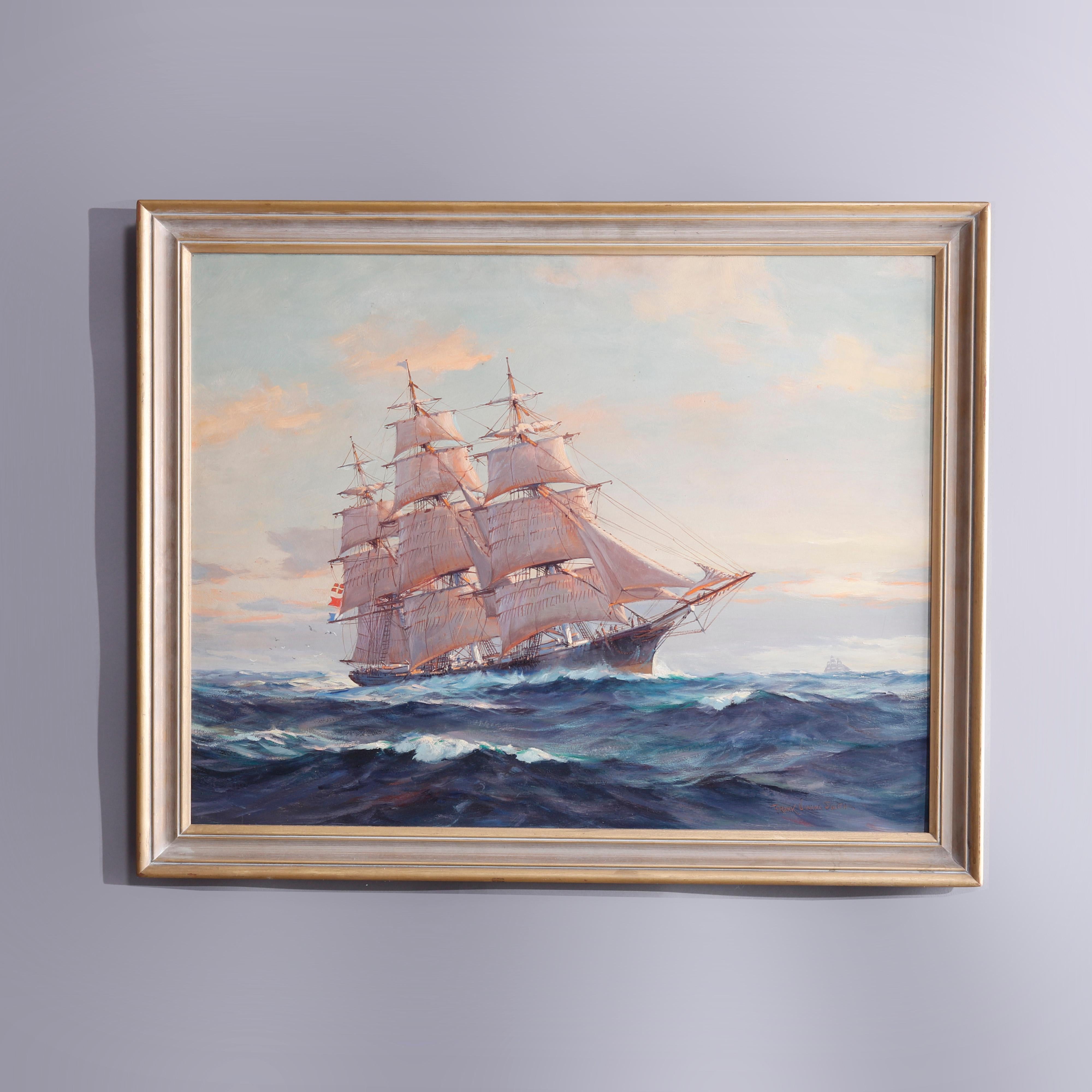 A maritime painting offers oil on board seascape with a tall mast ship titled “Stag Hound”, signed lower right, seated in wood frame, en verso label, c1940

Measures - 34'' H x 27.5'' W x 1.5'' D.

Additional information:
Frank Vining Smith