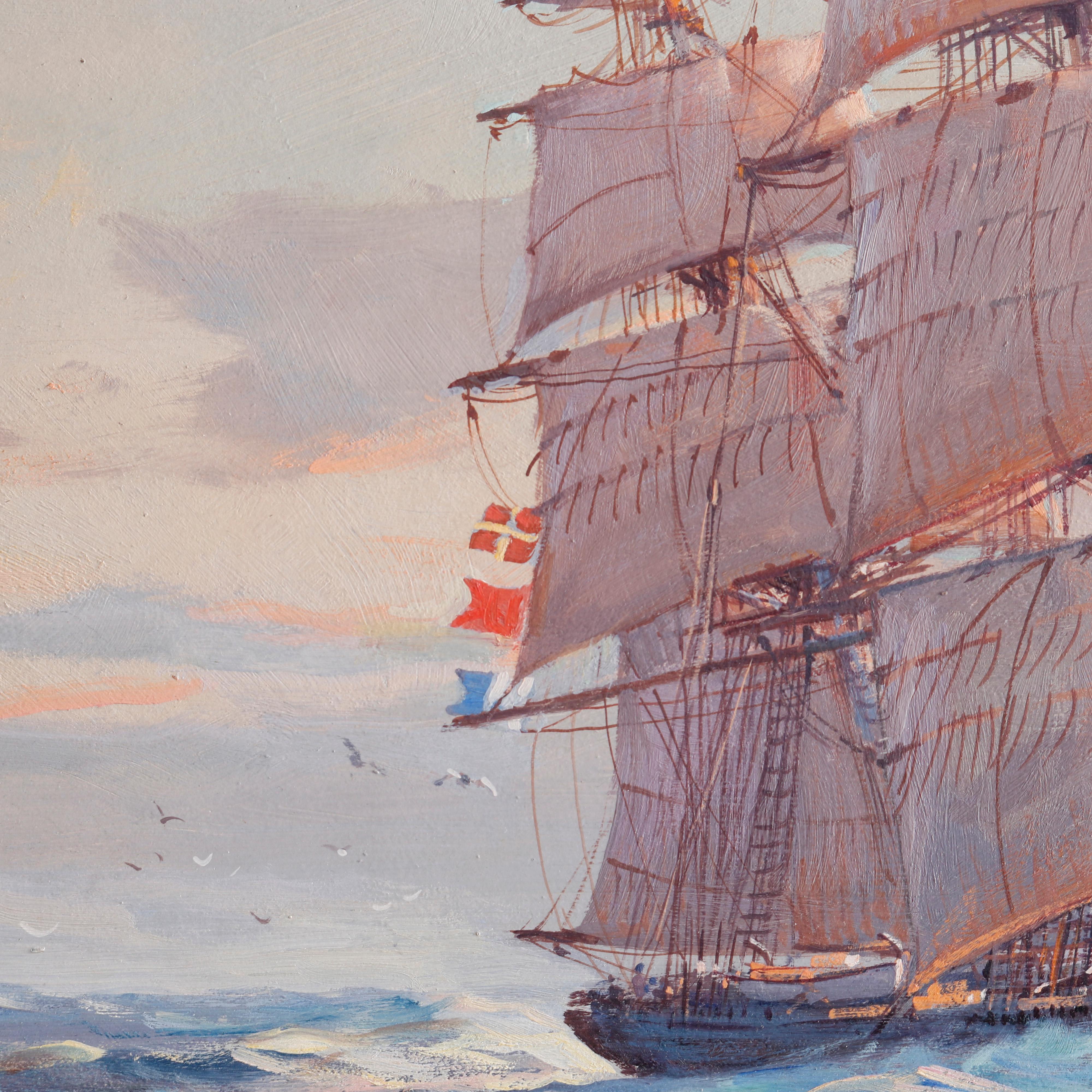 North American Maritime Oil Painting of Tall Mast Ship “Stag Hound” by Frank Vining Smith c1940