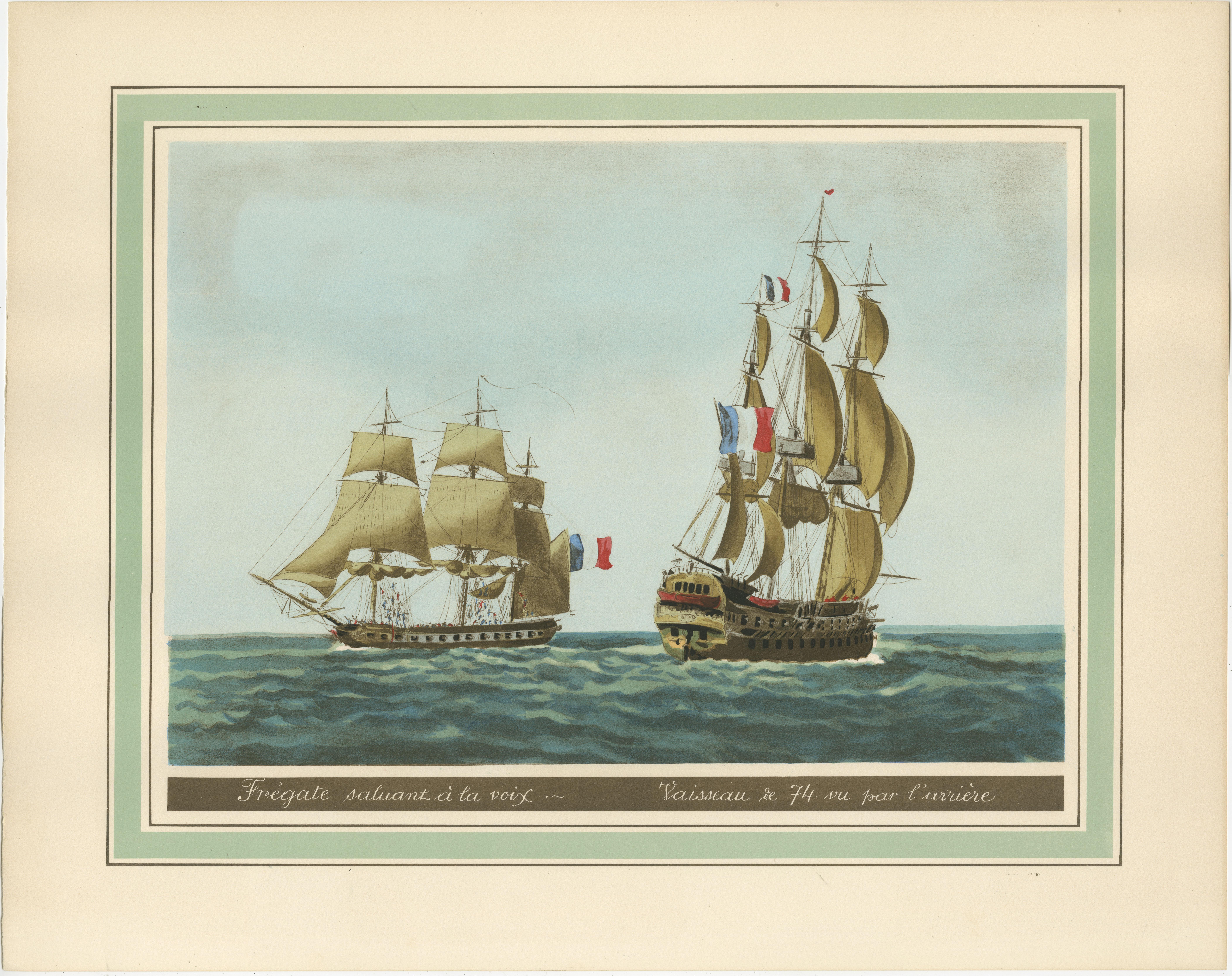 Handcolored heliotype of two French ships after a work of Jean-Jérôme Baugean, created in circa 1920.

This original print is described as a handcolored heliotype, a technique that was developed in the 19th century as a photo-mechanical process. It