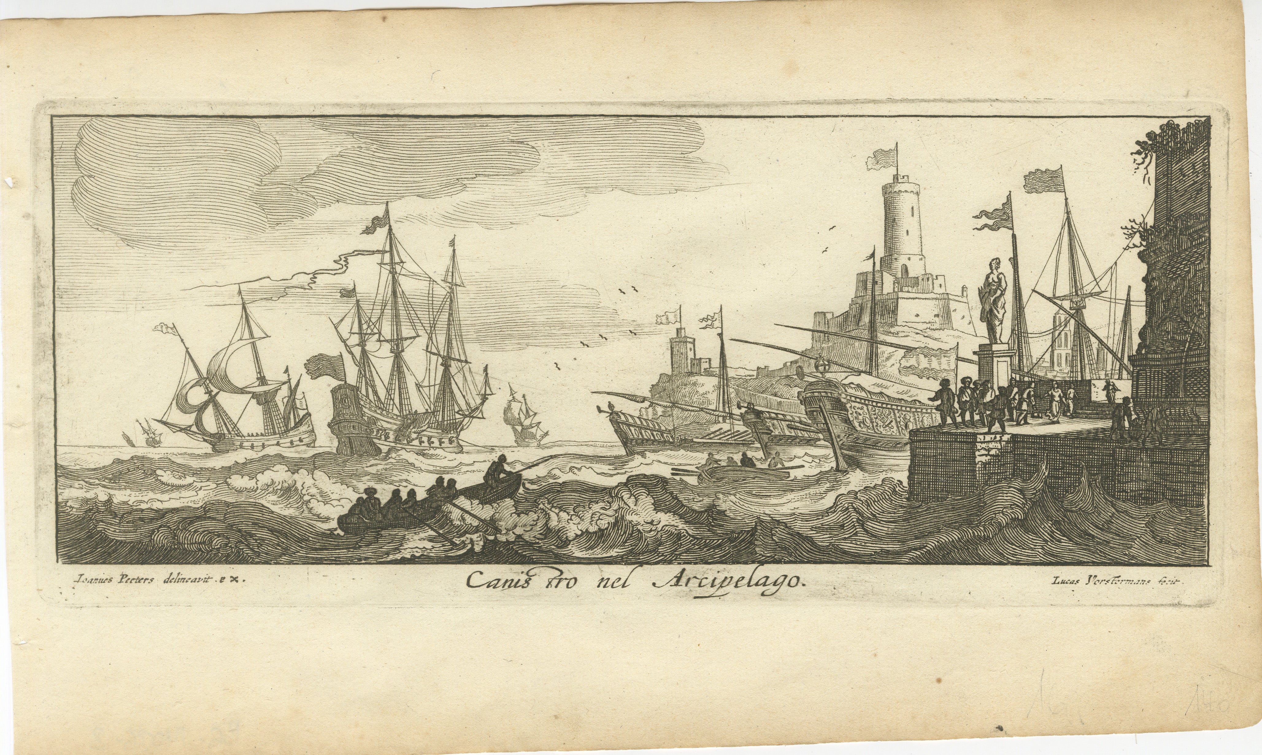 Titolo:  Scena di canale nell'arcipelago - Incisione di Lucas Vorsterman I dopo Jan Peeters, Anversa, circa 1680  

Descrizione: Questa incisione su rame raffigura una vivace scena marittima nell'Arcipelago, con navi che navigano in acque turbolente