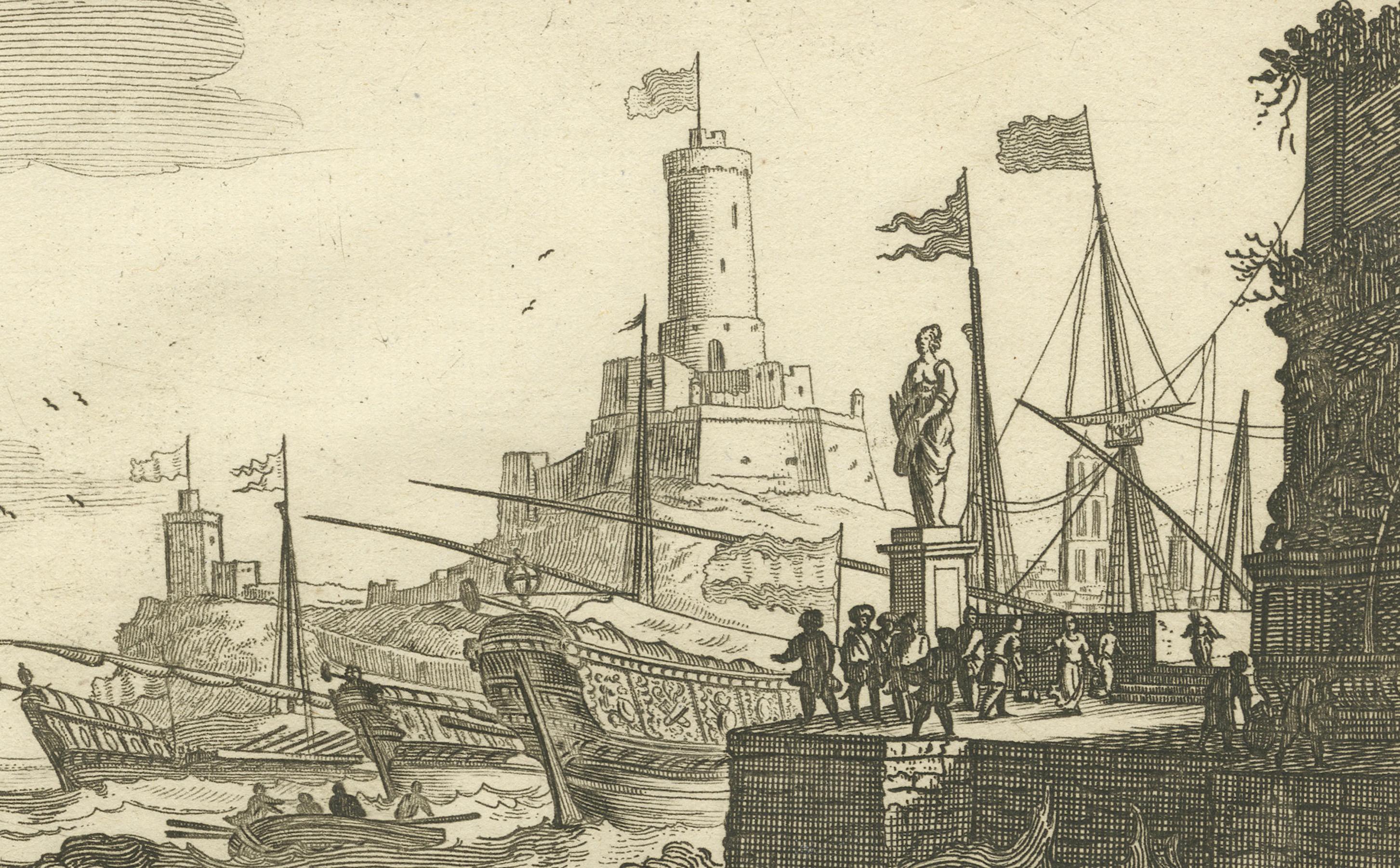 Scena marittima nell'arcipelago dell'Egeo con fortificazioni e navi, 1680 ca. In condizioni buone in vendita a Langweer, NL