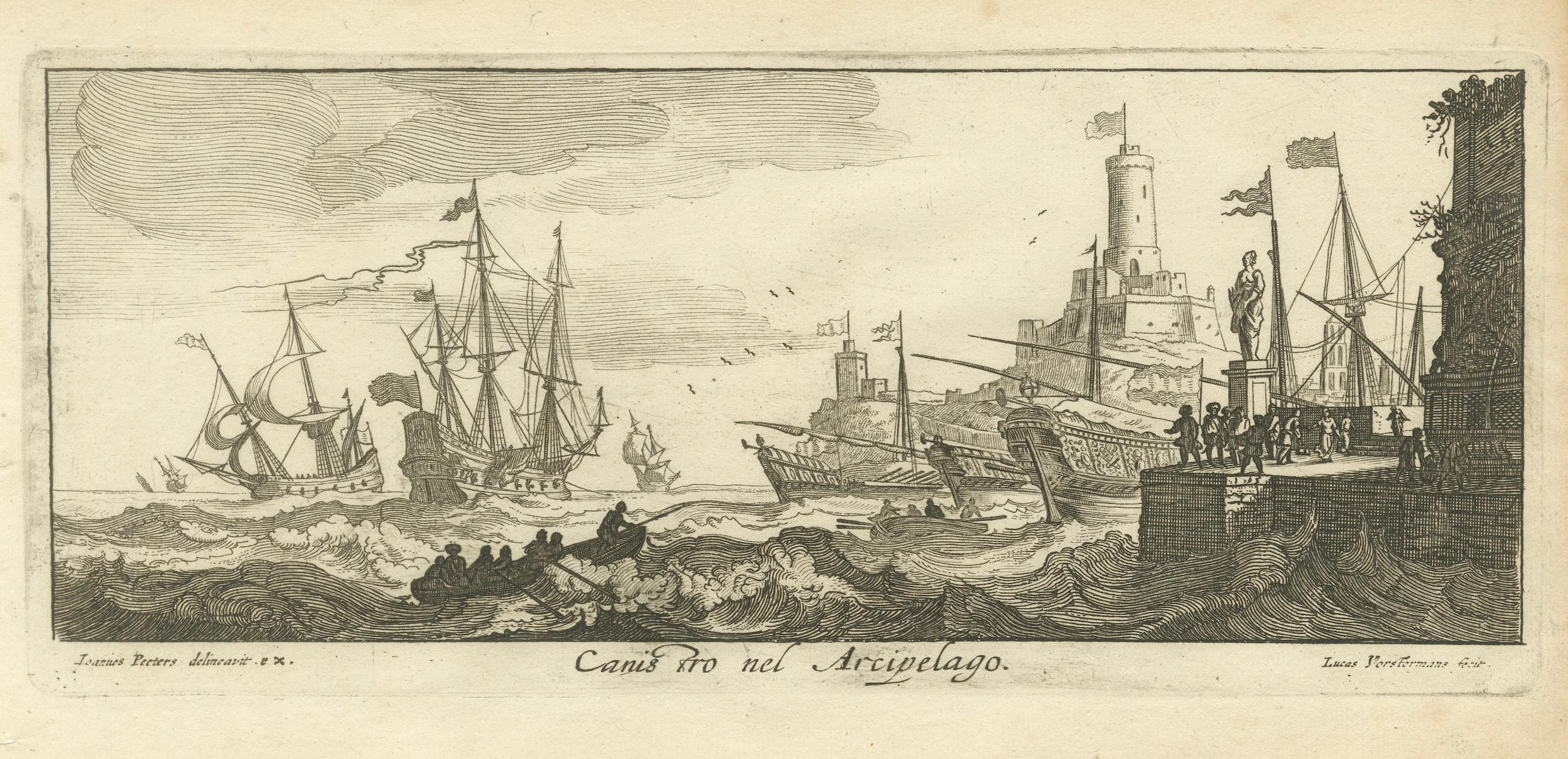 Fine XVII secolo Scena marittima nell'arcipelago dell'Egeo con fortificazioni e navi, 1680 ca. in vendita
