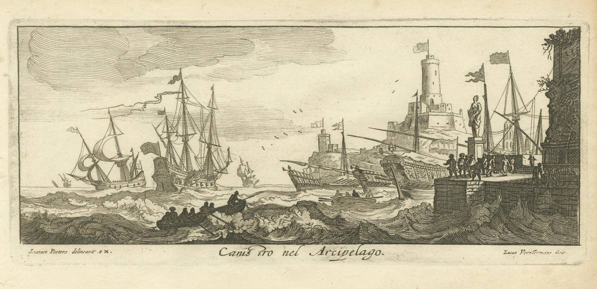 Maritime Scene in the Aegean Archipelago with Fortifications & Ships, circa 1680
