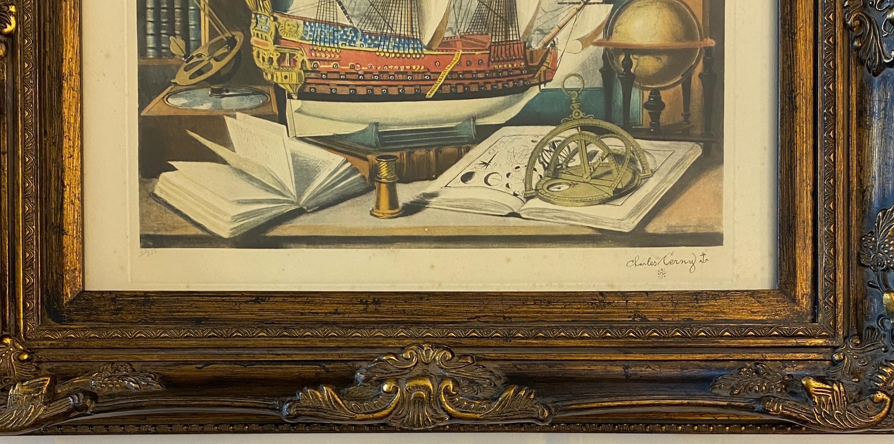 Gravure marine avec sextant ou lithographie en couleurs de Charles Cerny, intitulée 