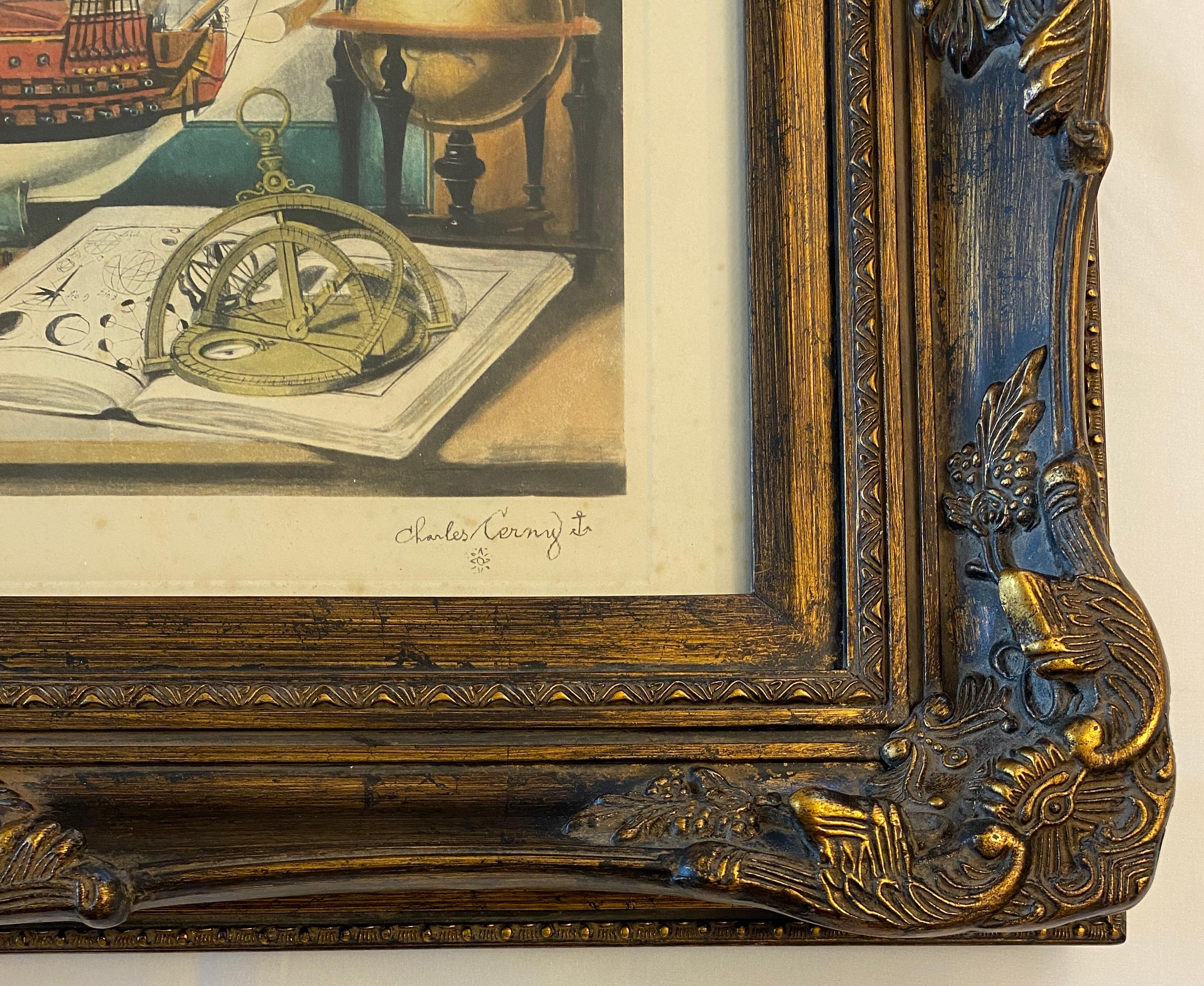 Doré Nature morte maritime avec sextant, gravure ou lithographie en couleurs de Charles Cerny en vente