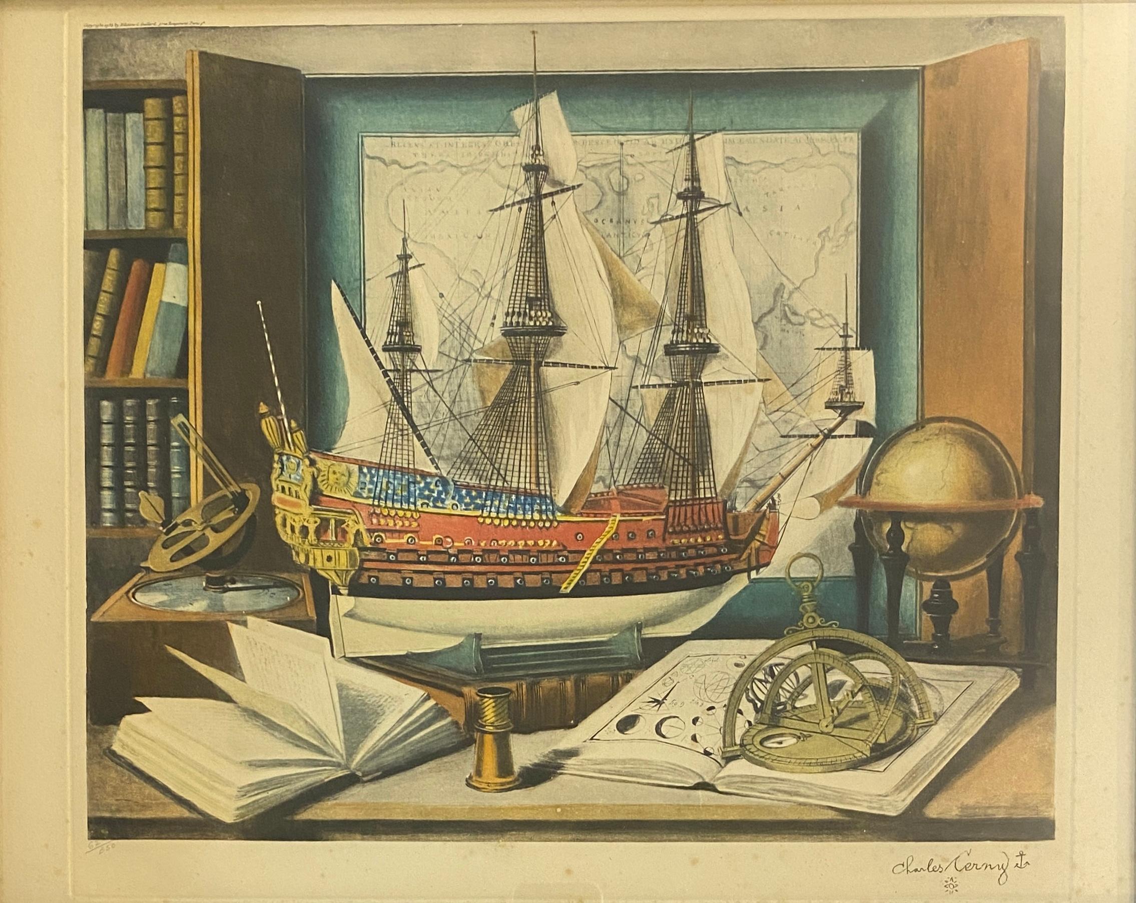 Nature morte maritime avec sextant, gravure ou lithographie en couleurs de Charles Cerny Bon état - En vente à Miami, FL