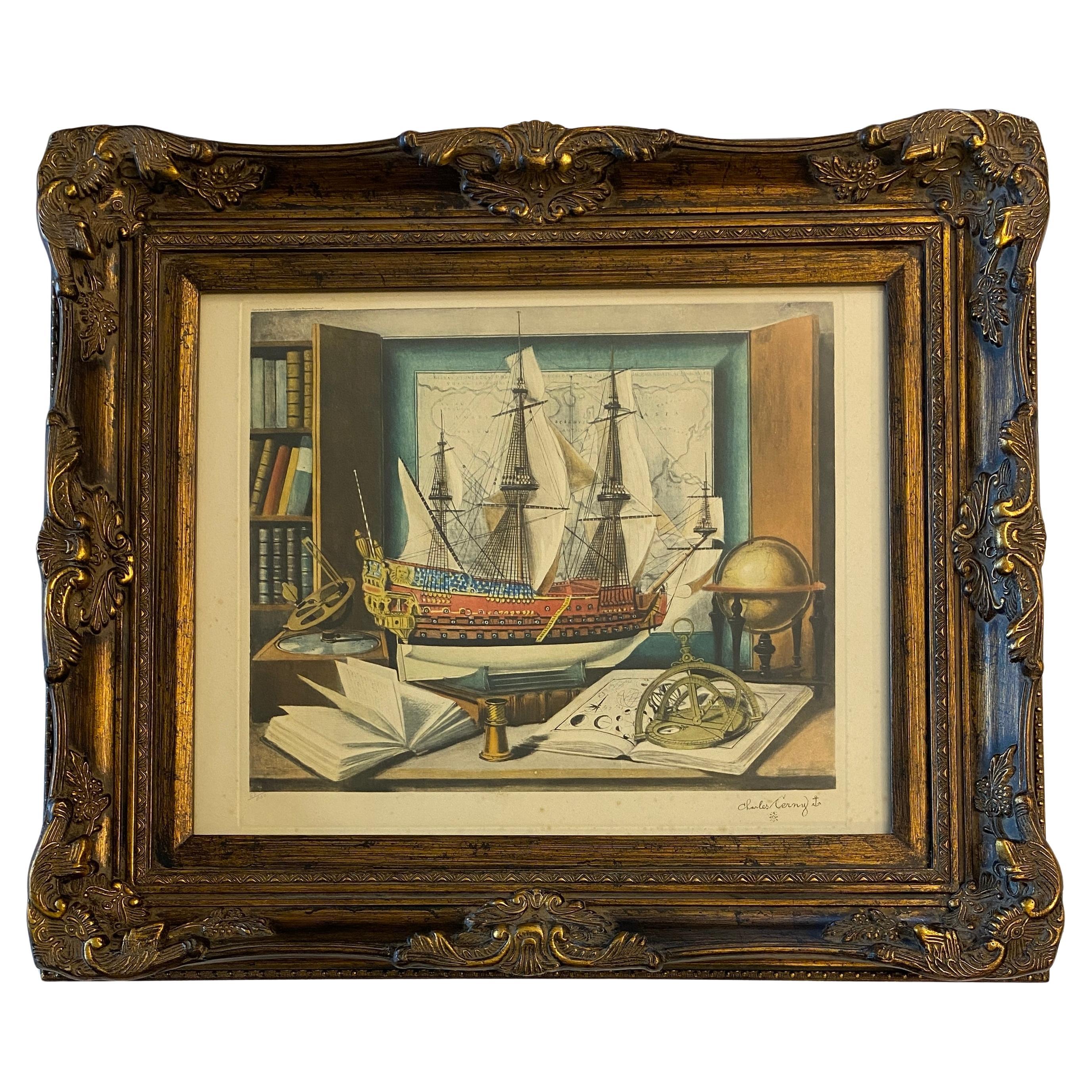 Nature morte maritime avec sextant, gravure ou lithographie en couleurs de Charles Cerny en vente