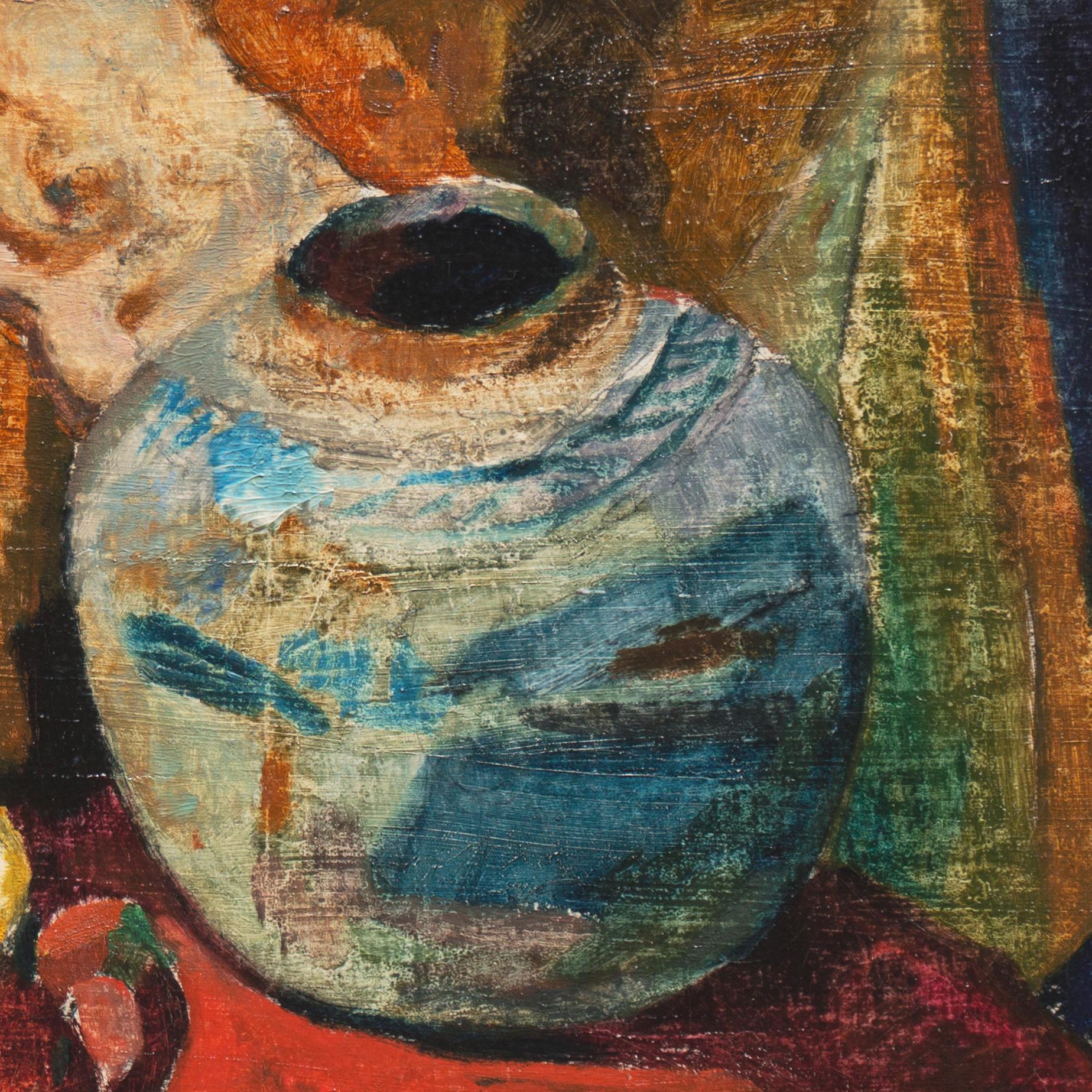 Natura morta, vaso di ceramica e coppa di panna