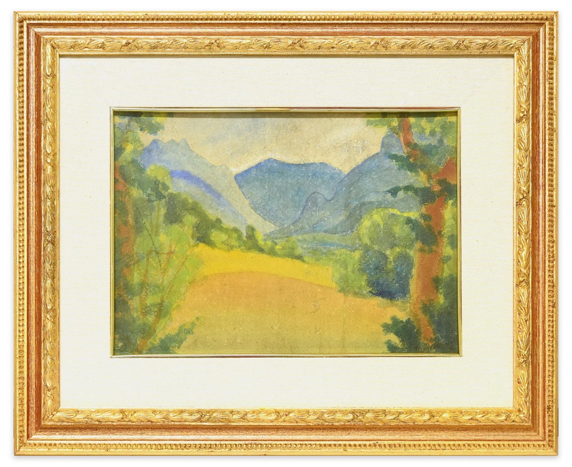 Blue Mountains - Original Watercolor on Panel by Marius Carion - 1931