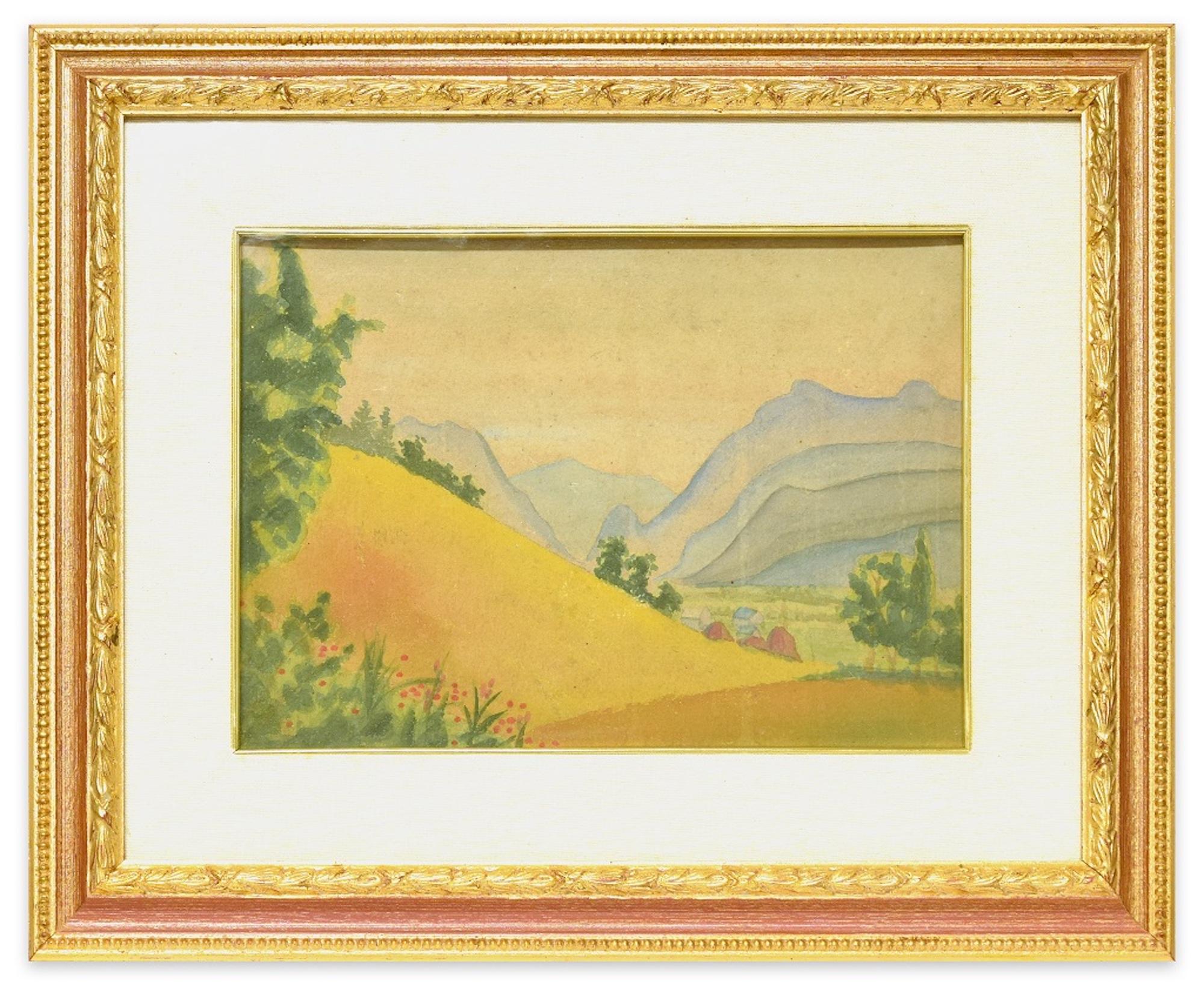 Mountainous Landscape - Original Watercolor on Cardboard by M. Carion - 1930s - Painting by Marius Carion