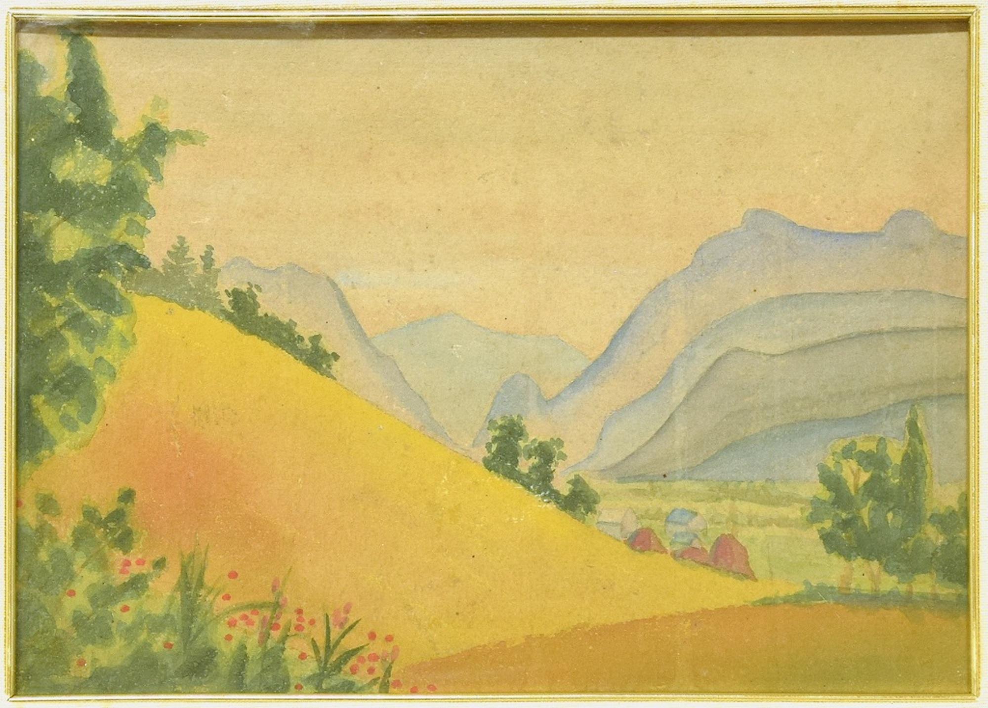 Marius Carion Landscape Painting - Mountainous Landscape - Original Watercolor on Cardboard by M. Carion - 1930s