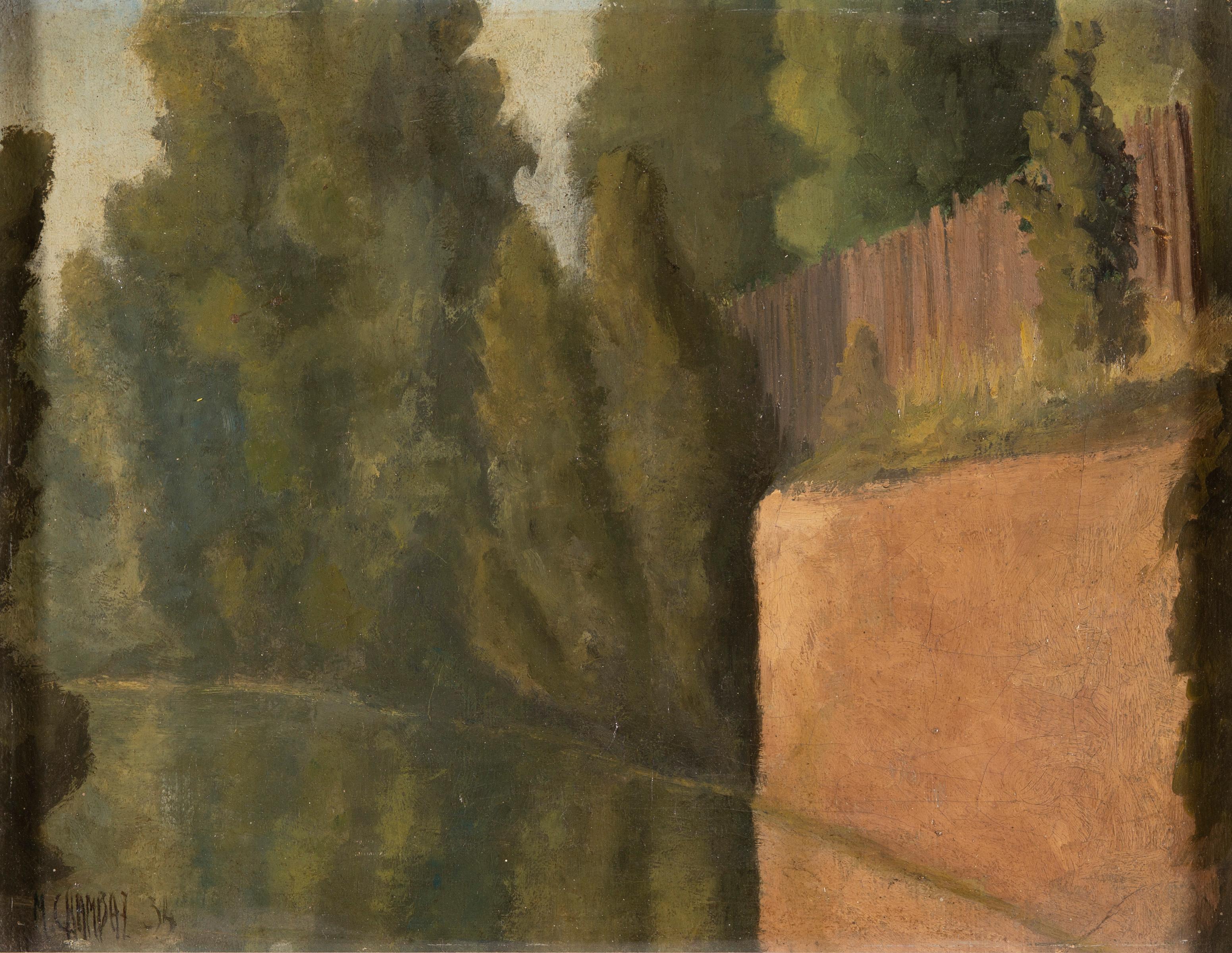 Marius Chambaz Landscape Painting - Along the river Aire, Modernist Woodland Path with Fence