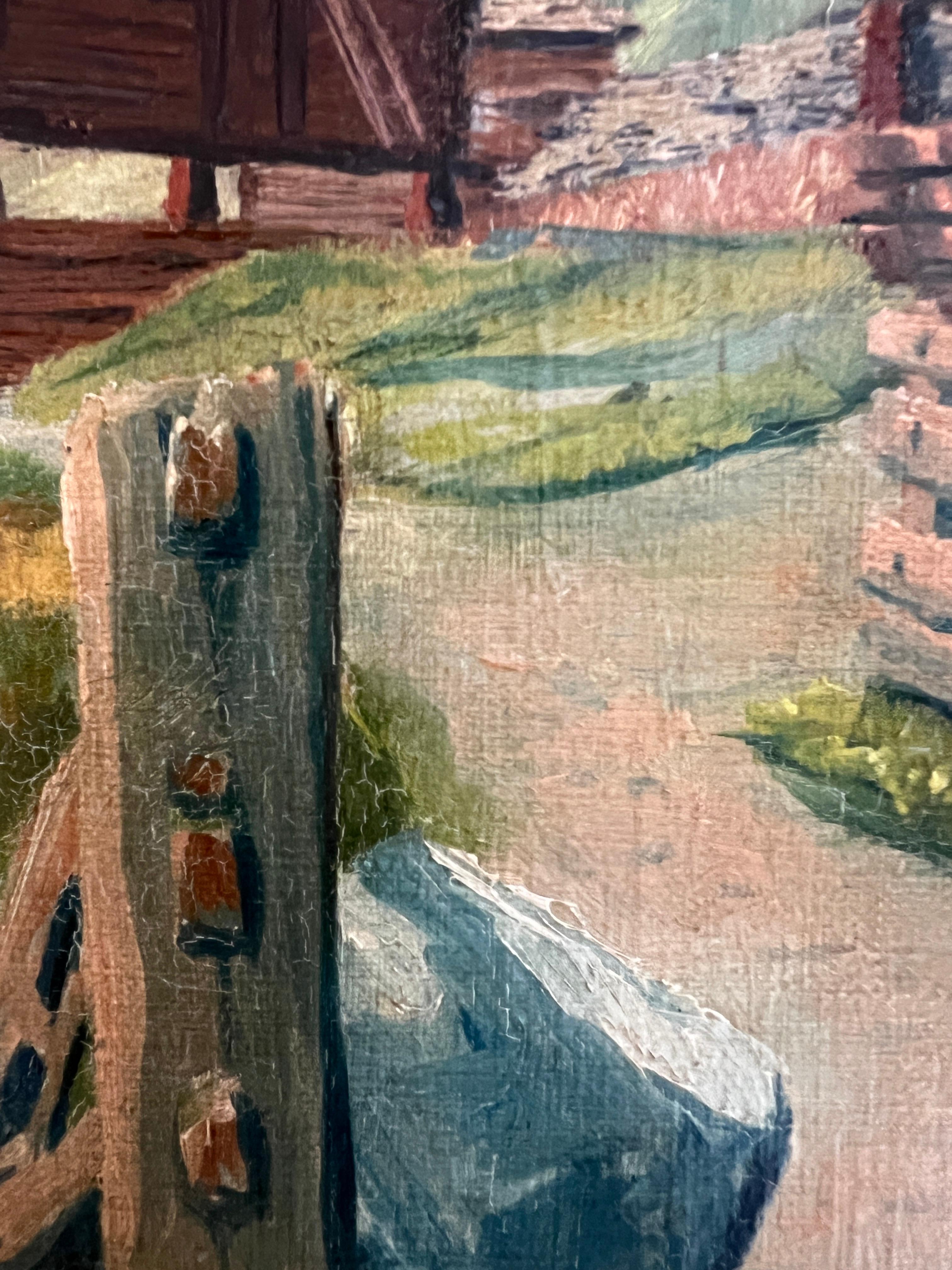 Obra sobre lienzo

Esta obra de arte revela un cautivador paisaje alpino, en el que el espectador se ve transportado al corazón de un sereno pueblo de montaña. El sinuoso sendero, bordeado por un sencillo poste de madera y un peñasco, guía la mirada