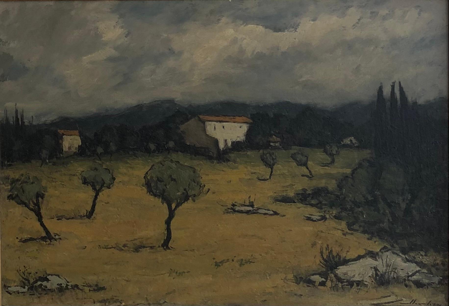 Marius Chambaz Landscape Painting - Rain in Provence and olive trees