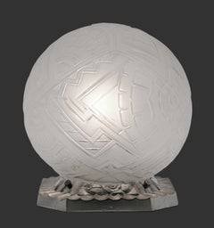 Marius-Ernest Sabino Art Deco Table Lamp, Frosted Glass & Bronze