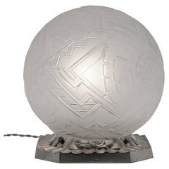 Marius-Ernest Sabino Art Deco Table Lamp, Frosted Glass & Bronze
