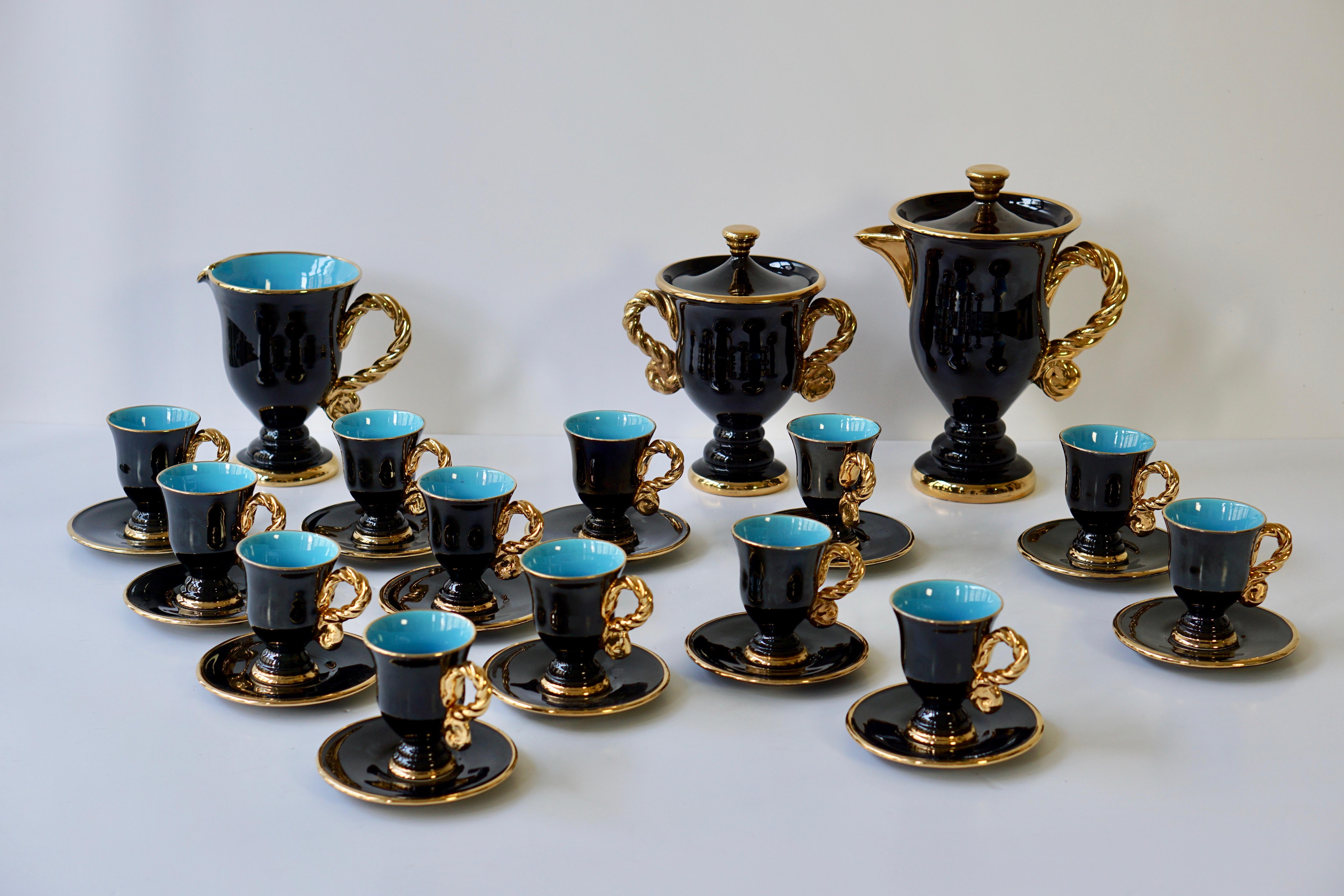 20th Century Marius Giuge Fine Gilded Ceramic Tea and Coffee Set, Vallauris, circa 1960s For Sale