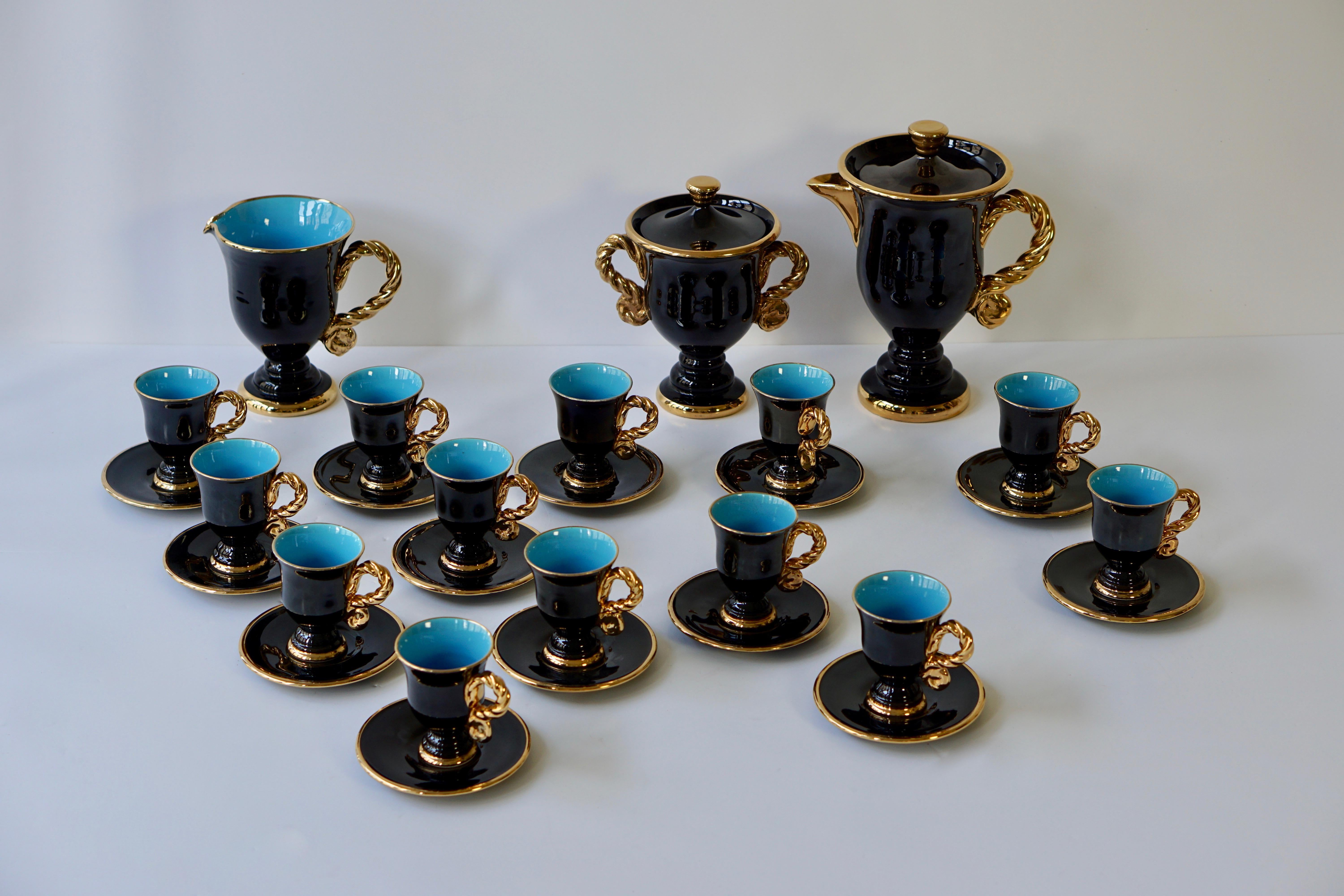 Marius Giuge Fine Gilded Ceramic Tea and Coffee Set, Vallauris, circa 1960s For Sale 1
