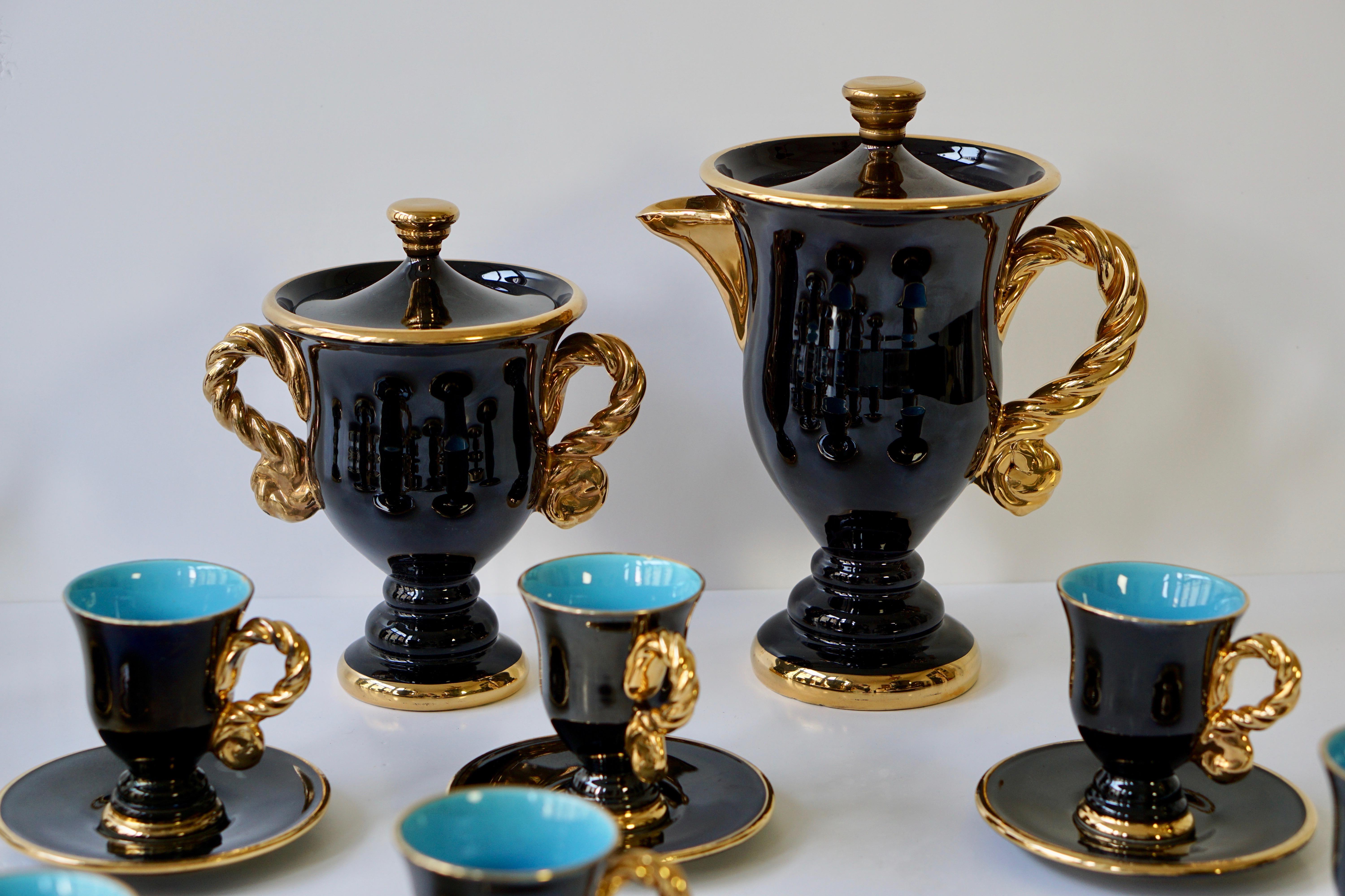 Marius Giuge Fine Gilded Ceramic Tea and Coffee Set, Vallauris, circa 1960s For Sale 2