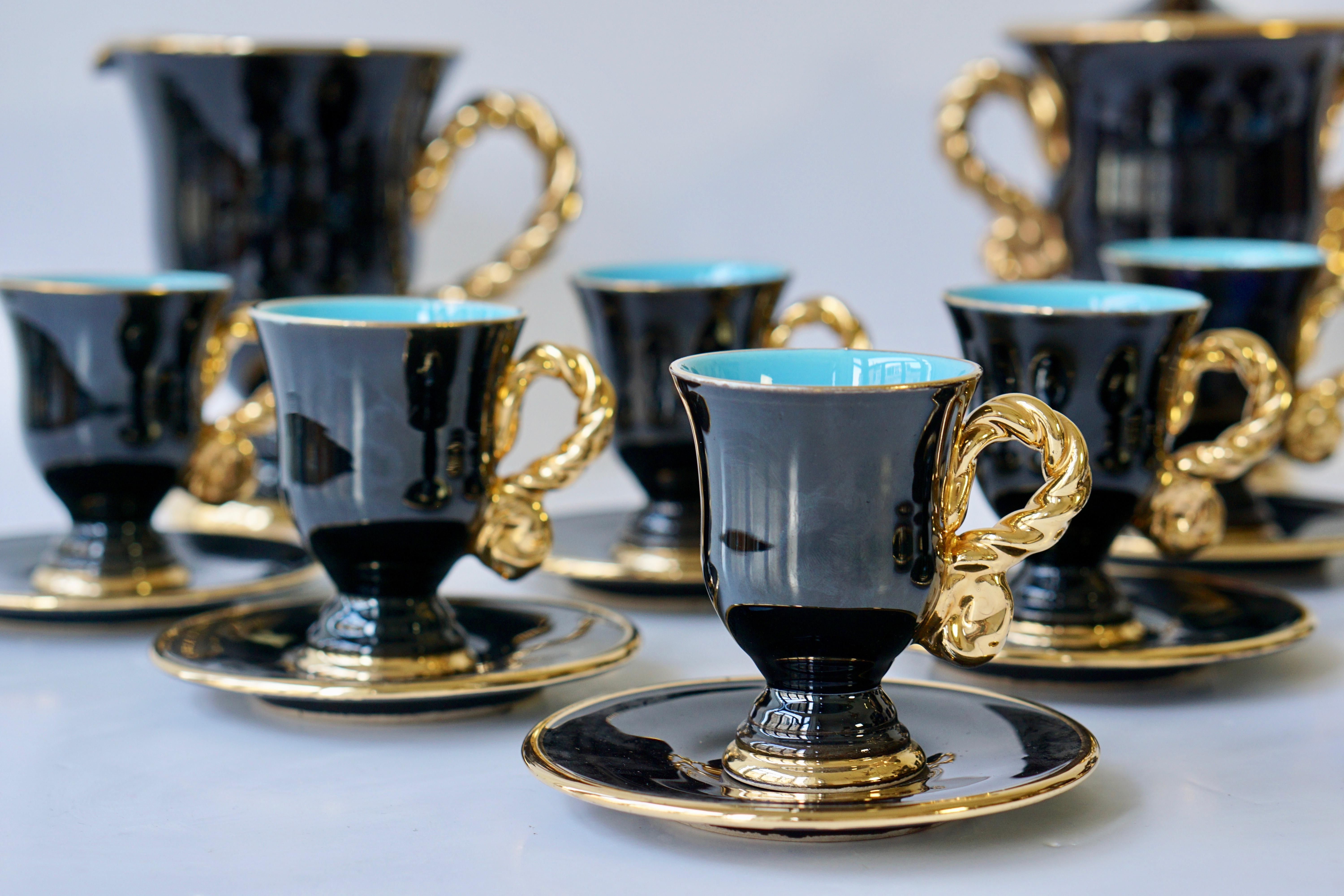 Marius Giuge Fine Gilded Ceramic Tea and Coffee Set, Vallauris, circa 1960s For Sale 4
