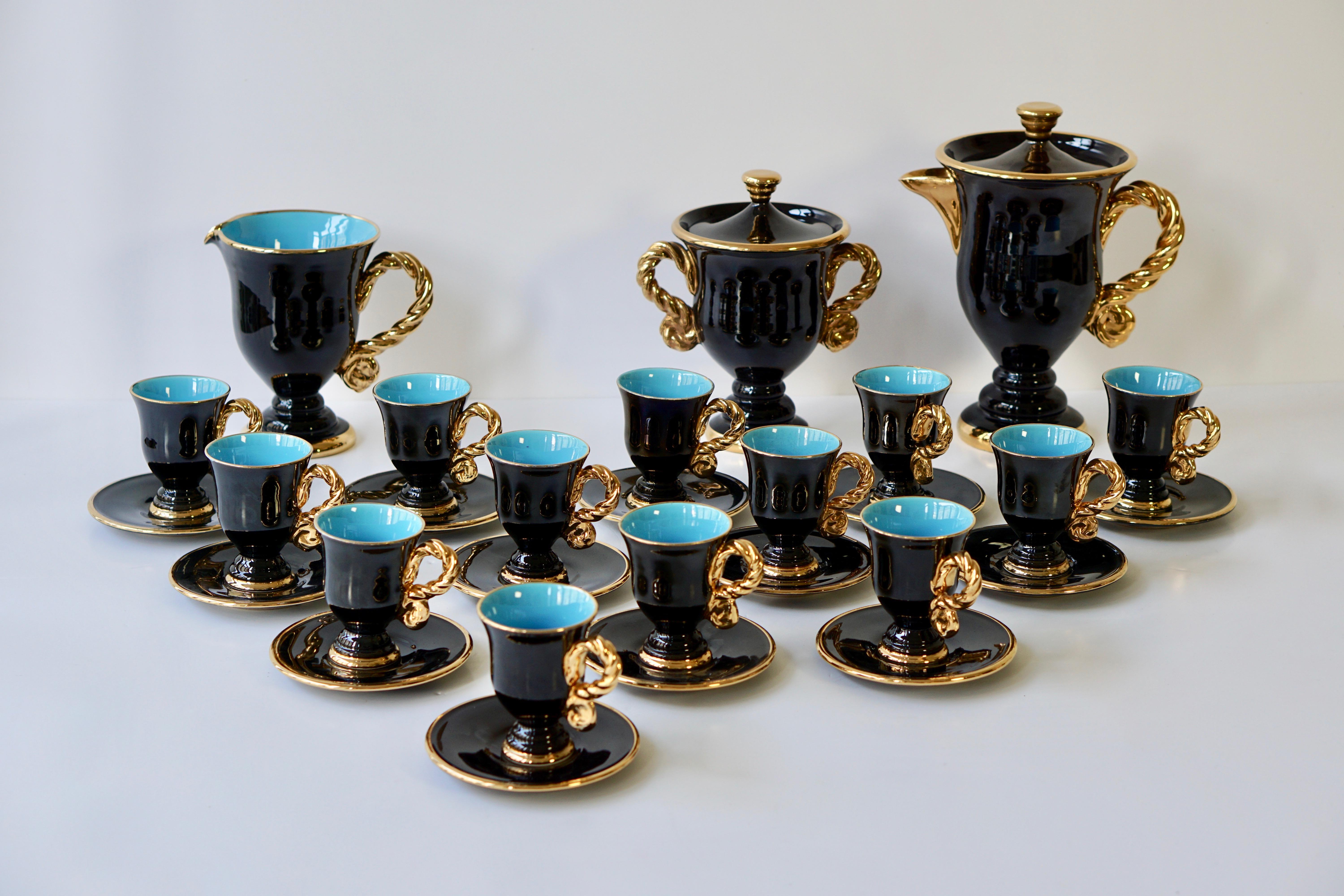 Italian Marius Giuge Fine Gilded Ceramic Tea and Coffee Set, Vallauris, circa 1960s For Sale