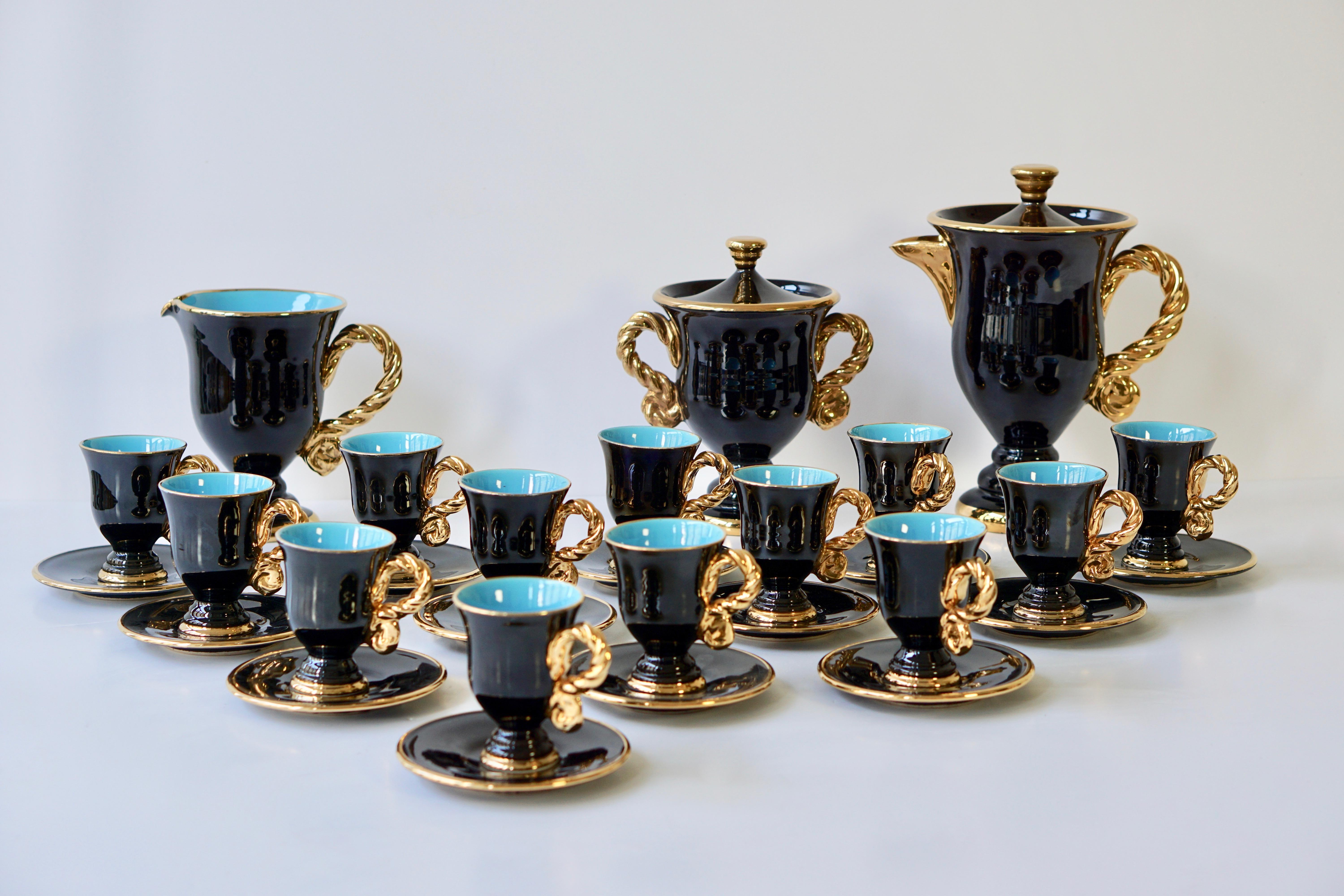 Gilt Marius Giuge Fine Gilded Ceramic Tea and Coffee Set, Vallauris, circa 1960s For Sale