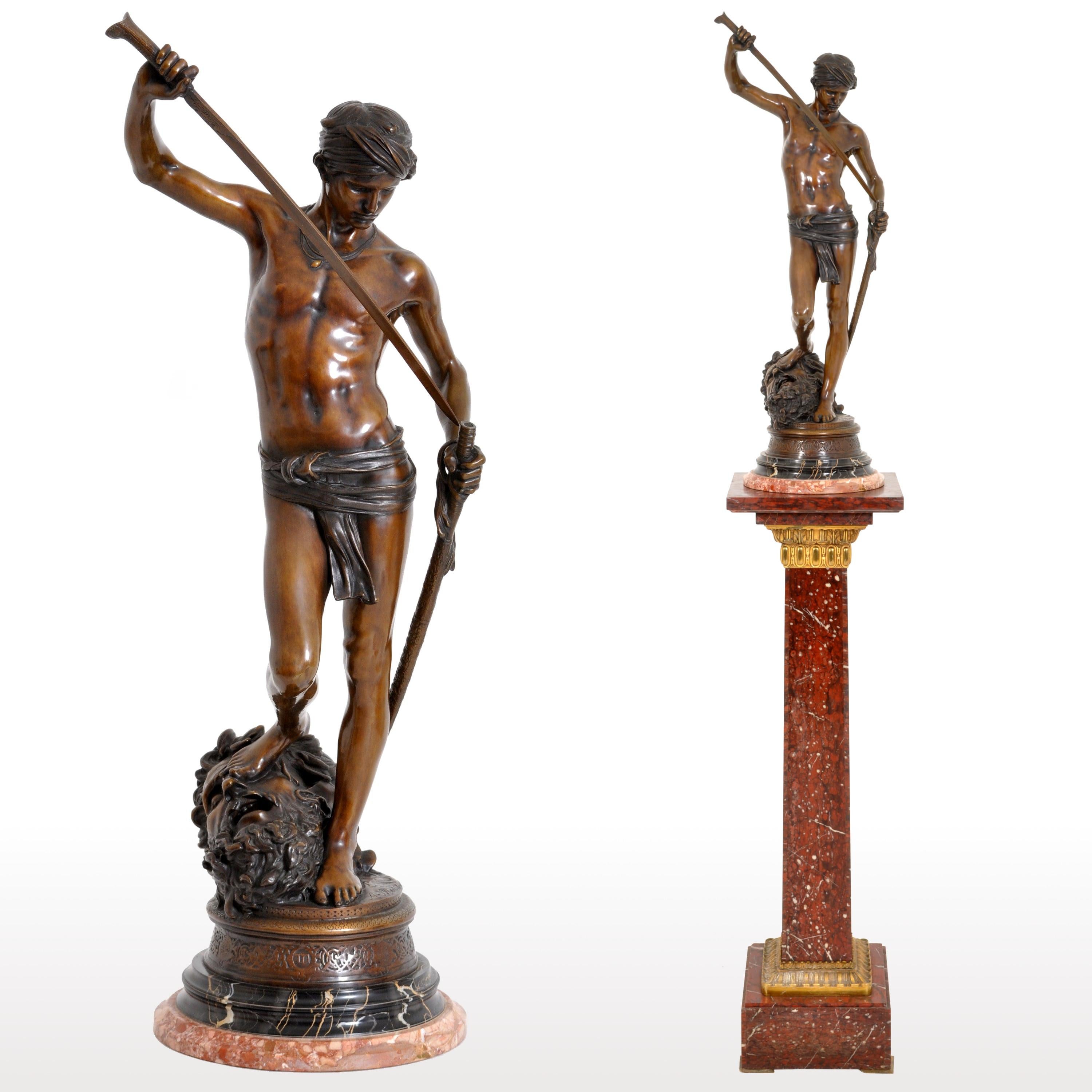 Marius Jean Antonin Mercié Figurative Sculpture - "David Apres le Combat" Antique French Bronze Statue & Marble Column, circa 1880