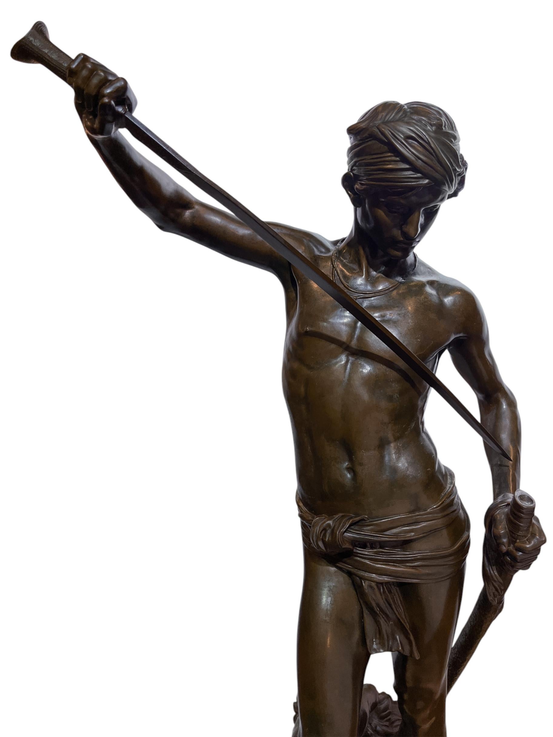 David Slaying Goliath Large Figural Bronze Statue by Antonin Mercie - Gold Figurative Sculpture by Marius Jean Antonin Mercié