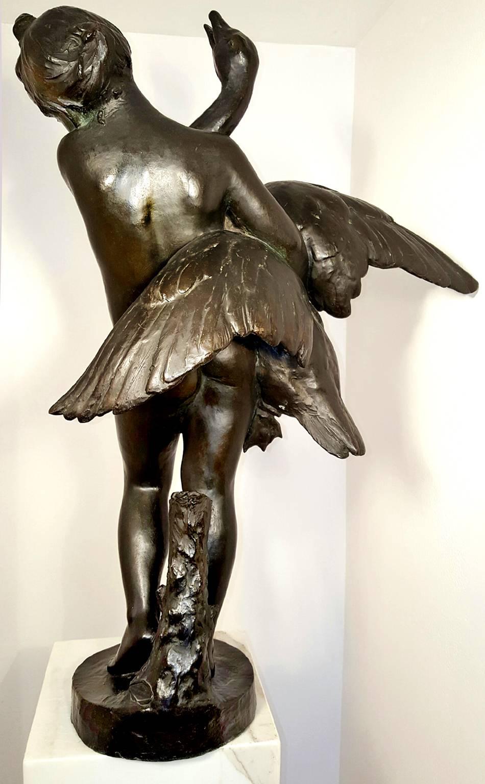Girl and Swan Bronze - Gold Nude Sculpture by Marius Jean Antonin Mercié