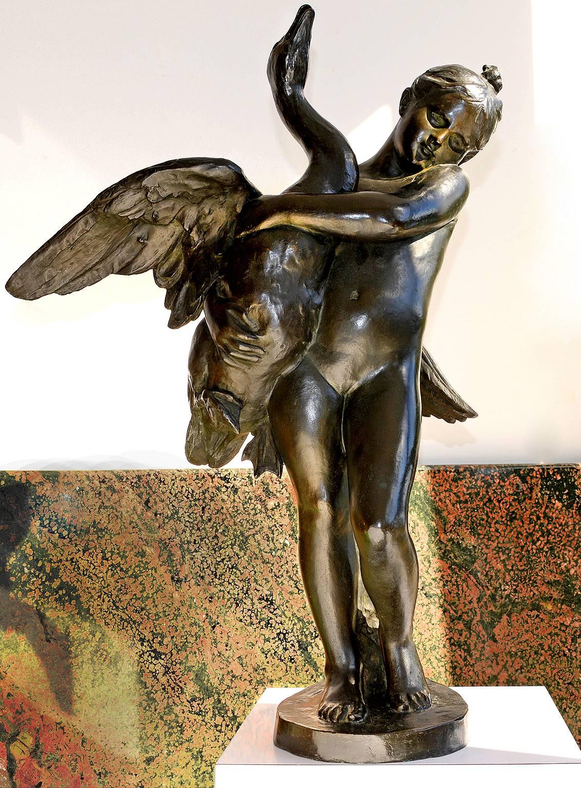 Marius Jean Antonin Mercié Nude Sculpture - Girl and Swan Bronze
