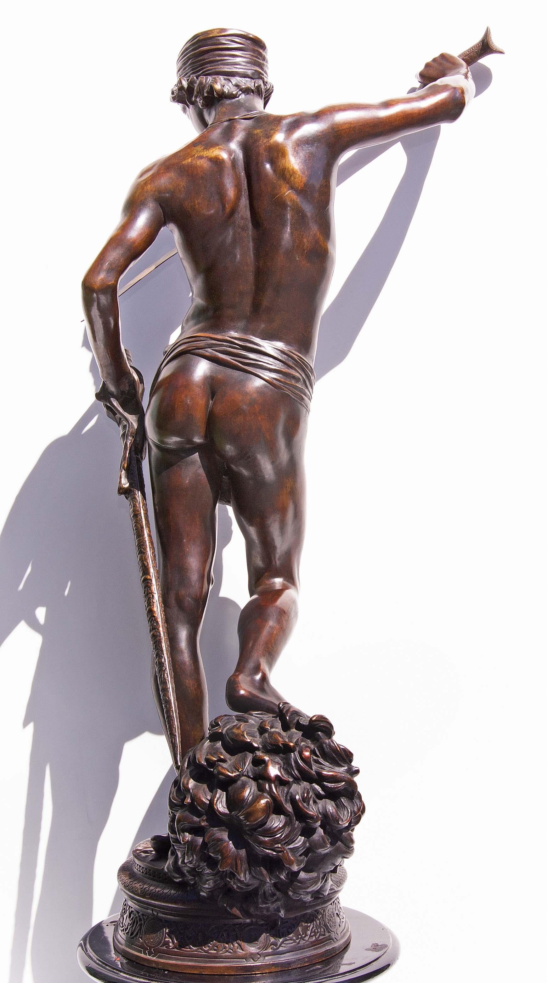 Large French Bronze Sculpture of David and Goliath by Antonin Mercié For Sale 4