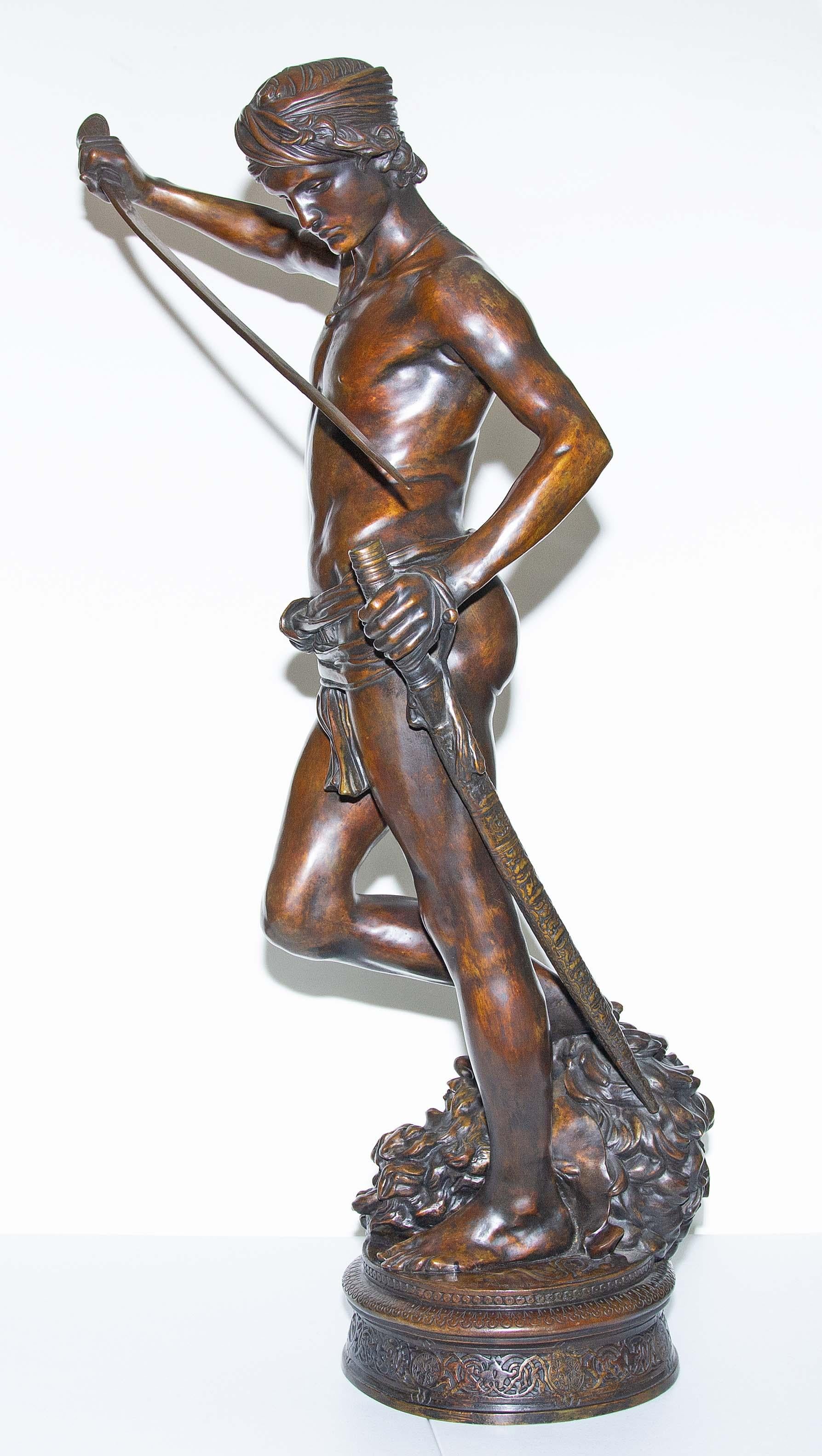 Large French Bronze Sculpture of David and Goliath by Antonin Mercié - Gold Nude Sculpture by Marius Jean Antonin Mercié