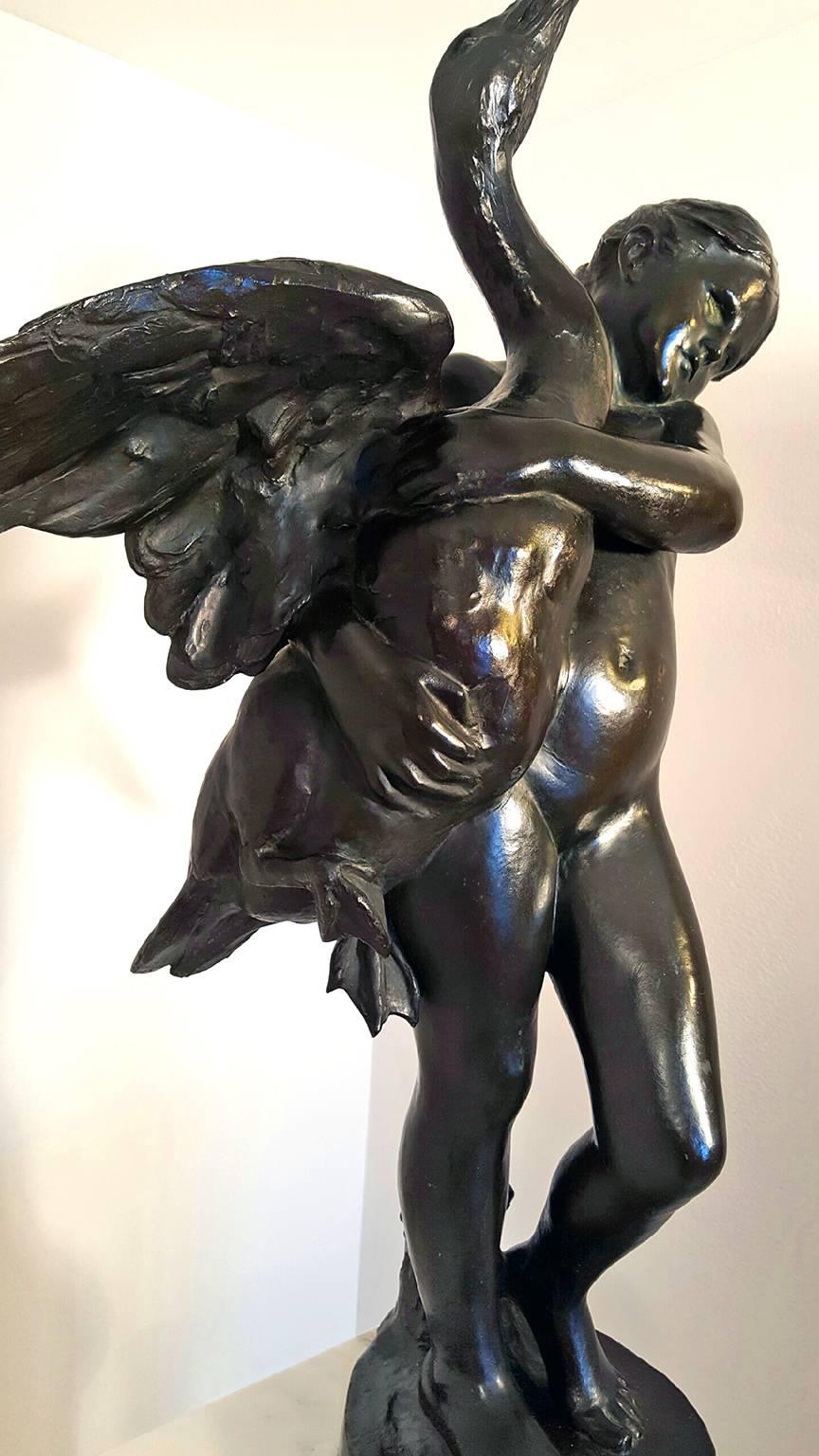 Nude Girl and Swan Bronze (Akademisch), Sculpture, von Marius Jean Antonin Mercié