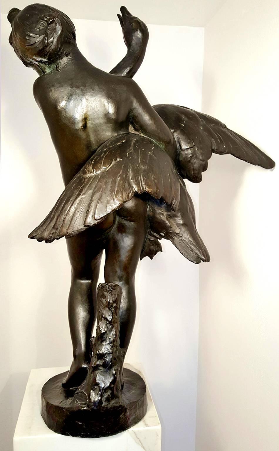 Nude Girl and Swan Bronze (Gold), Figurative Sculpture, von Marius Jean Antonin Mercié