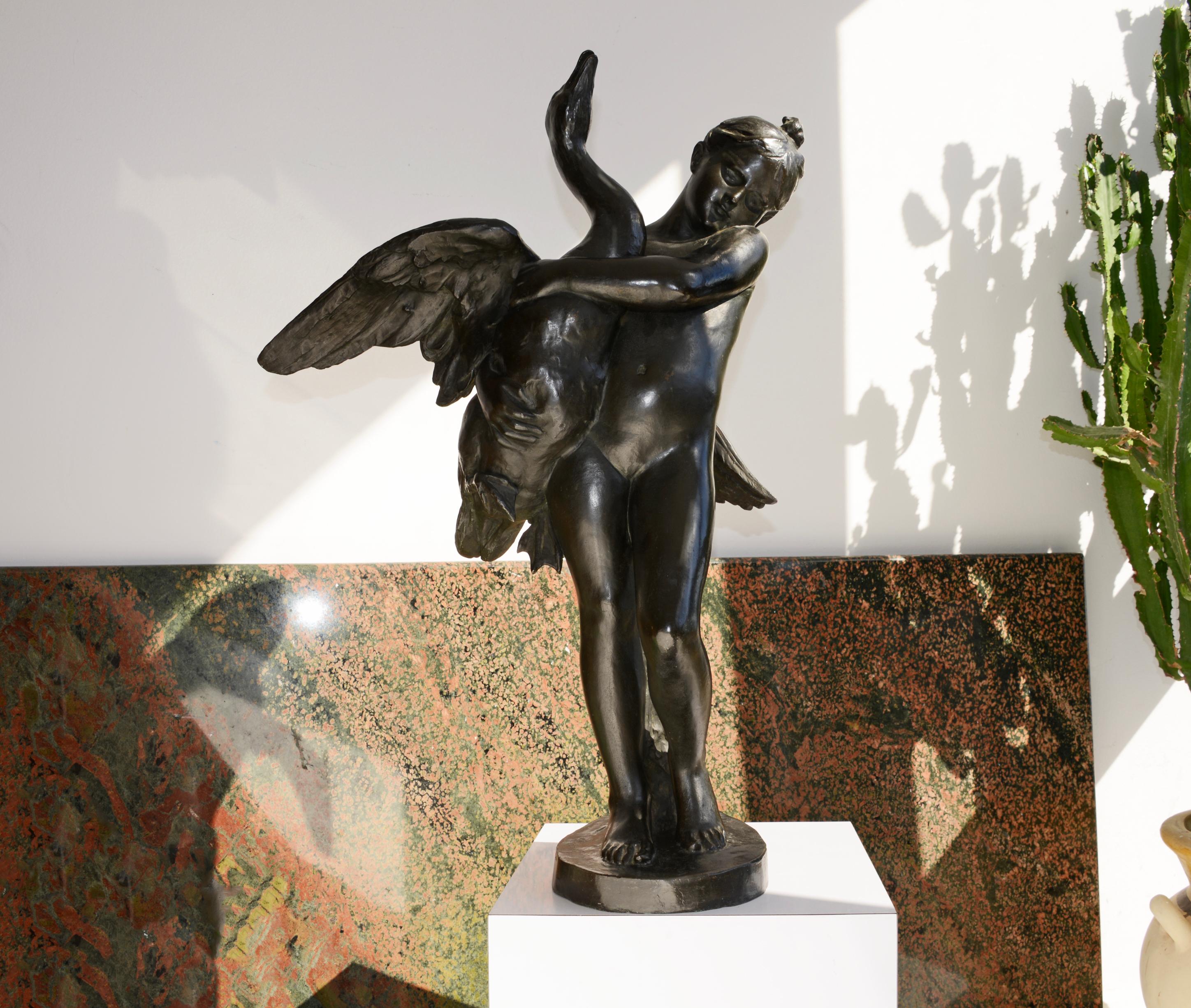 Nude Girl and Swan Bronze  - Art Nouveau Sculpture by Unknown