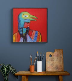 Red Playful Expressionist Figurative Acrylic Painting "Bird's Eye View"