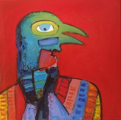 Pintura acrílica figurativa expresionista lúdica roja "Vista de pájaro"